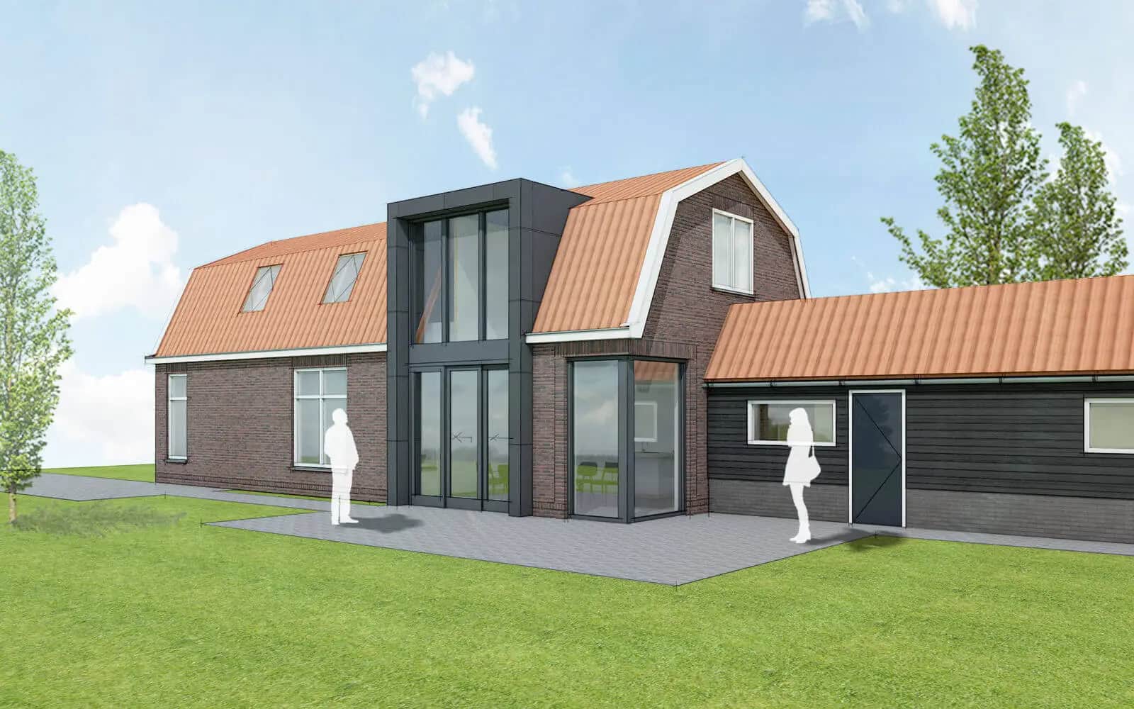Architectuurvisualisatie uitbreiding woonhuis aan Heerenveenseweg in Wolvega met bakstenen voorgevel, zwart stalen uitbouw, koperen daken en grote raampartijen