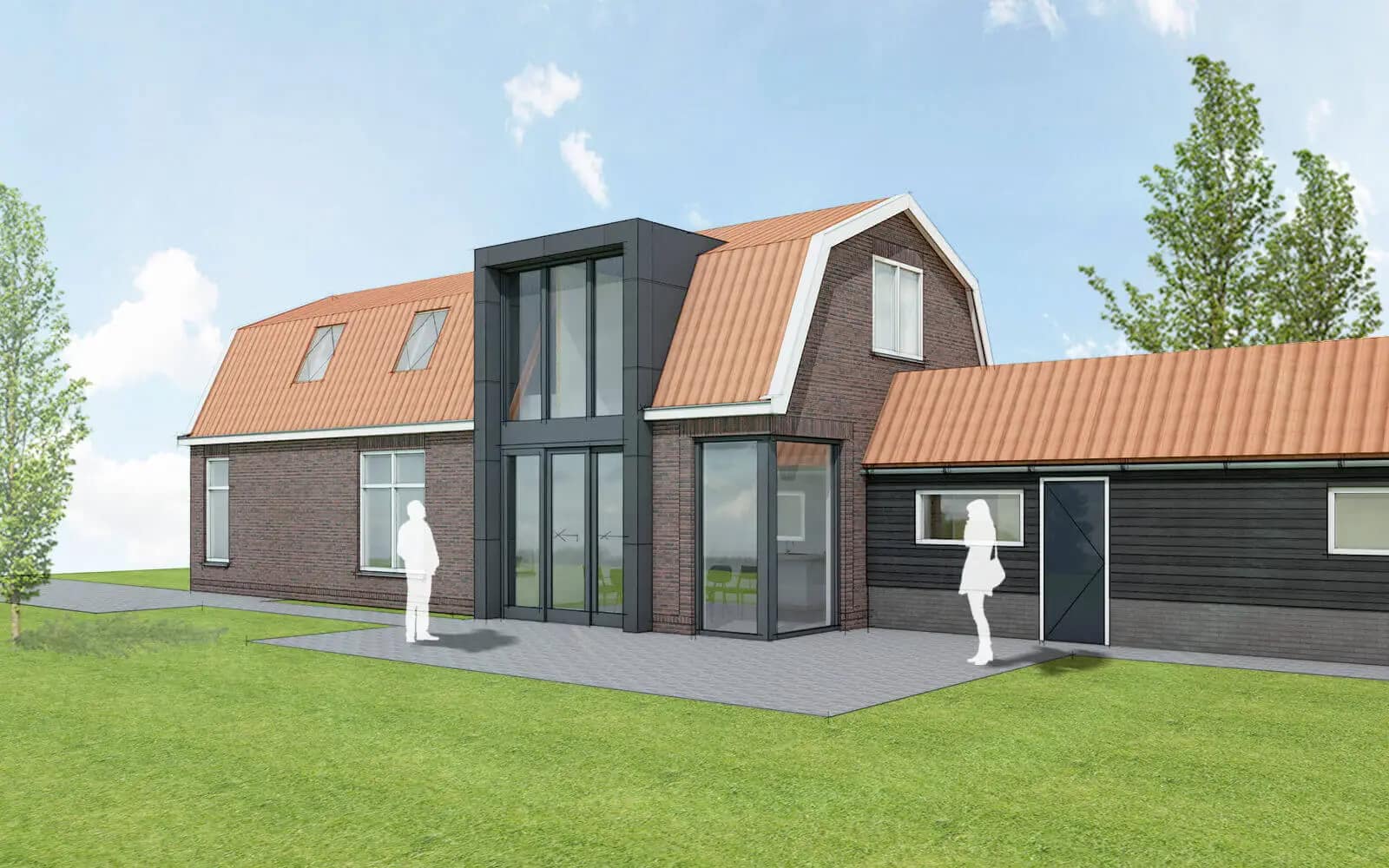 Verlenging van een bestaande woning aan de Heerenveenseweg met aanbouw tussen woning en schuur, verlenging van de mansardekap en moderne accenten.