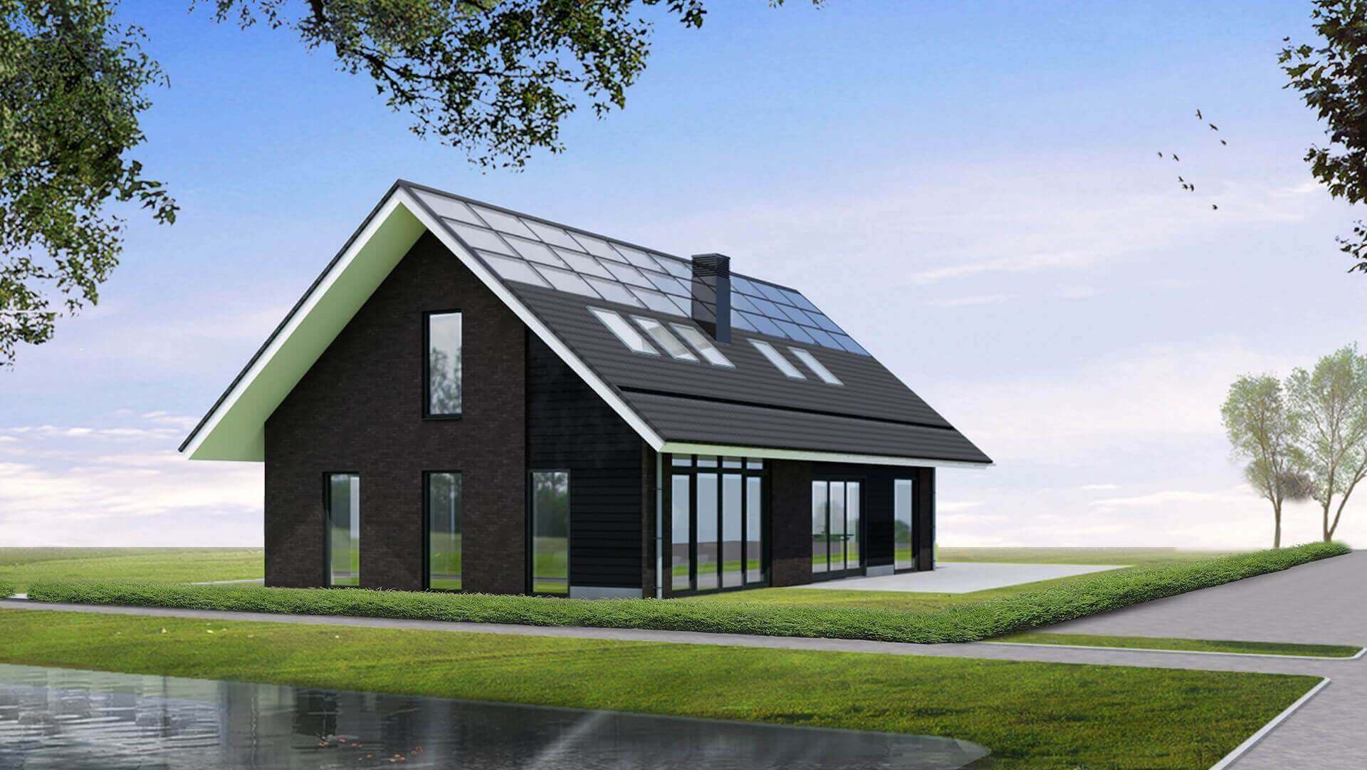 Vrijstaand woonhuis in Meppel als eigentijdse schuurwoning met hout en baksteen, energieneutraal door geïntegreerde zonnepanelen en warmtepomp.