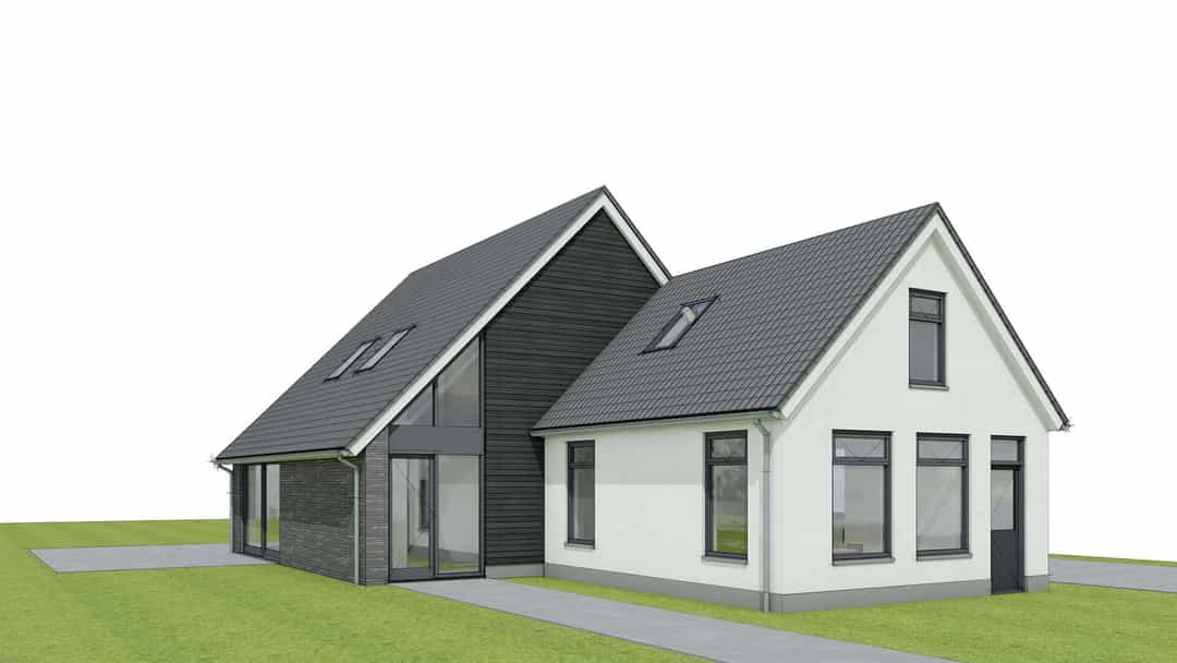 Architect rendering verbouwde woonhuis Oosterstreek met modern design, witte en donkergrijze gevels, pannendaken en grote raampartijen