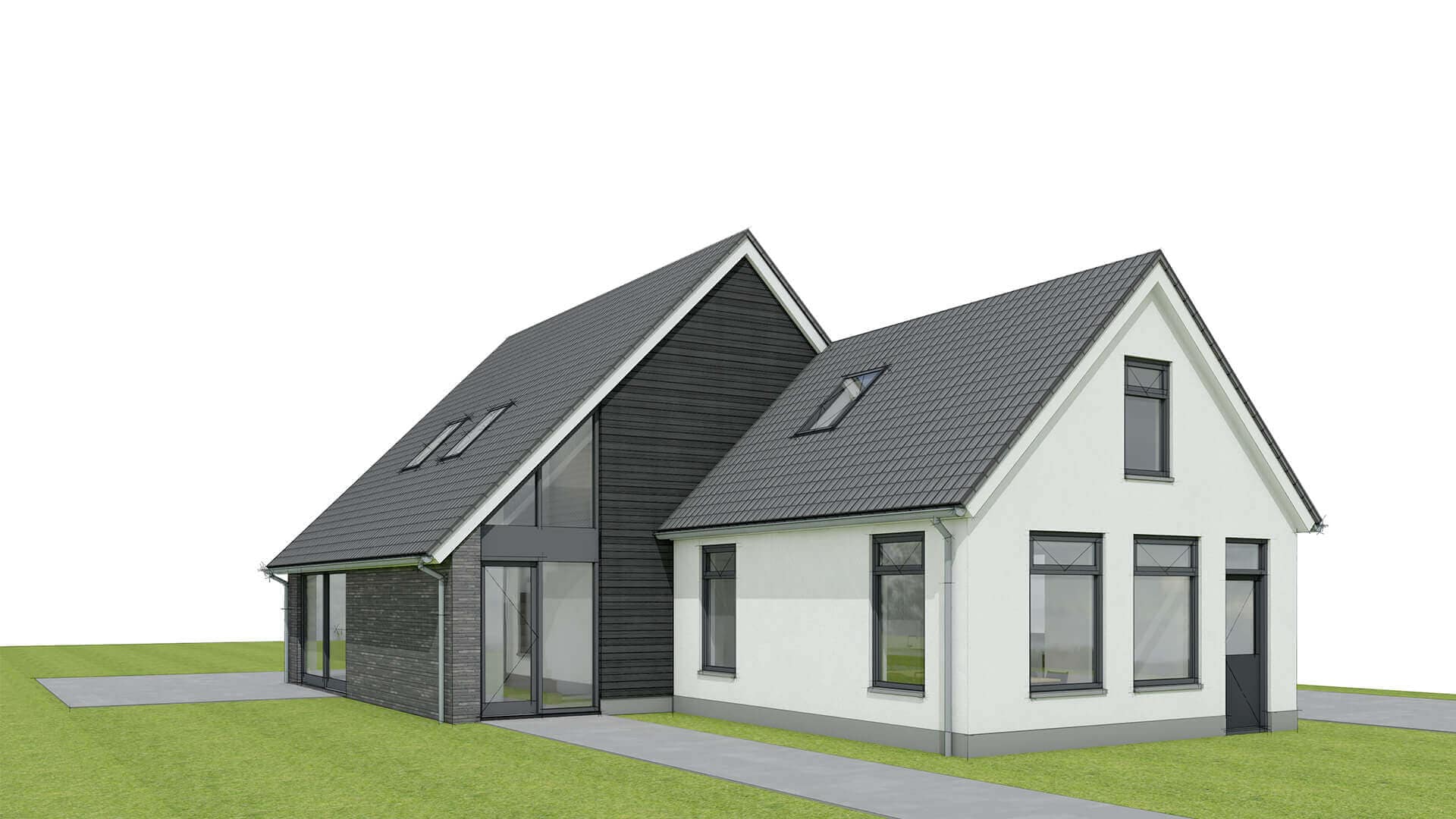 Verbouwing en restauratie van een woonhuis in Oosterstreek met vervangen achterhuis, gestuct metselwerk en contrast tussen traditioneel voor- en modern achterhuis.