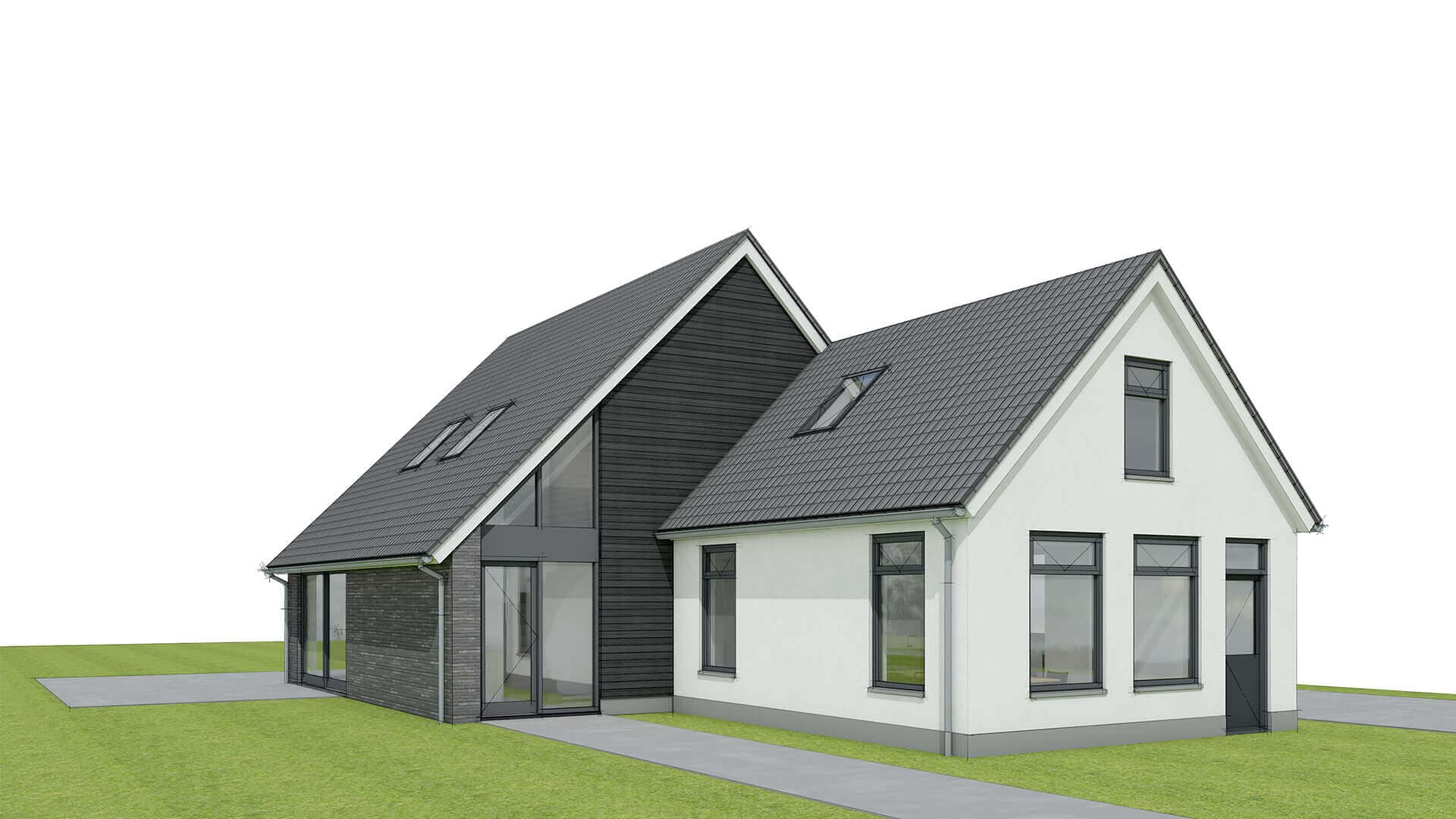 Verbouwing en restauratie van een woonhuis in Oosterstreek met vervangen achterhuis, gestuct metselwerk en contrast tussen traditioneel voor- en modern achterhuis.