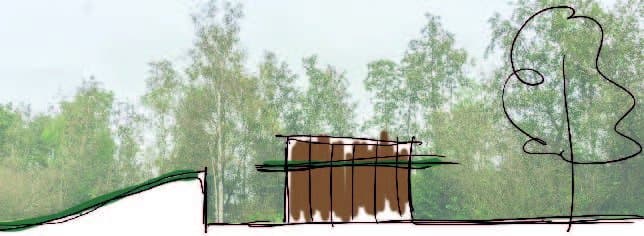 Sanitairgebouw bij Driewegsluis voor gemeente Weststellingwerf: een kubiek volume met gesloten gevels van cortenstaal, ingepast tussen bomen en ruig gras.