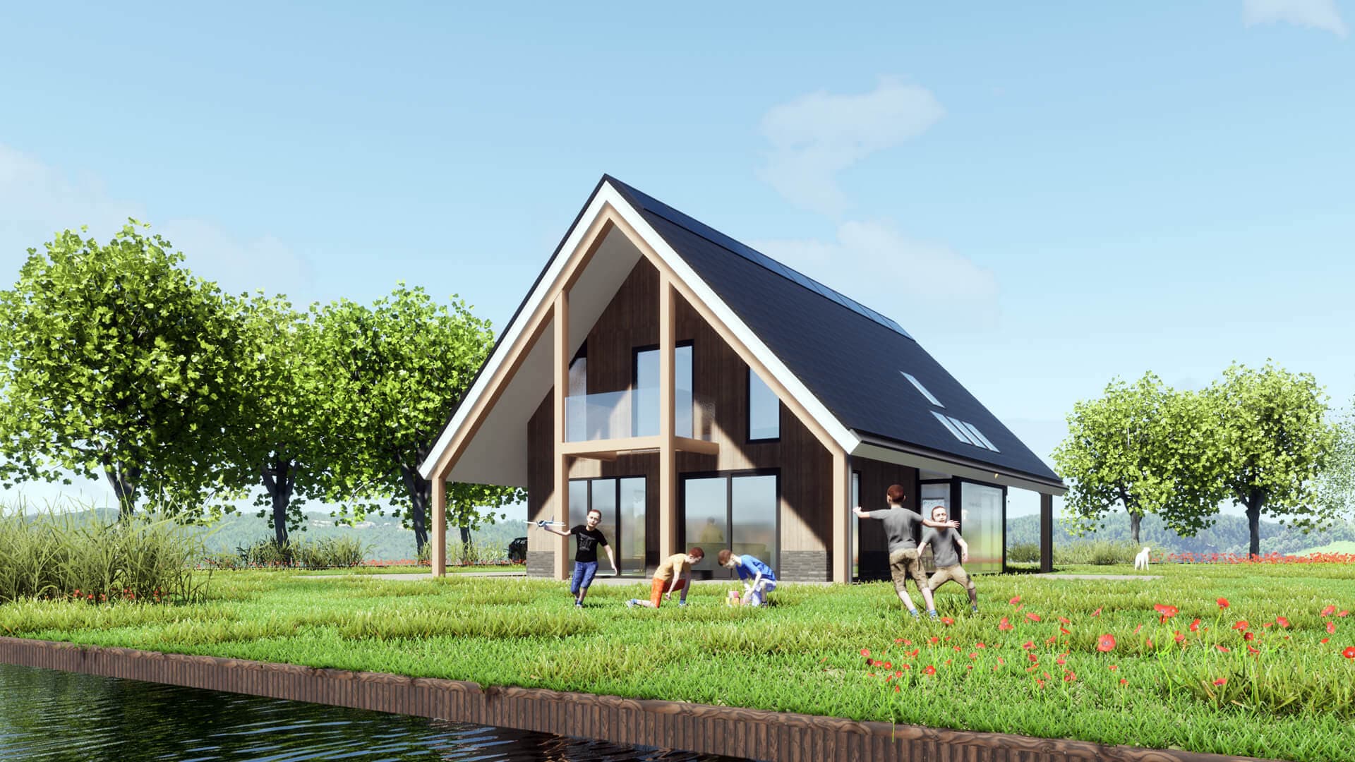 Schuurwoning in de Lindewijk Wolvega met rondom houten spantwerk, een balkon aan de achterzijde en een serre onder het dak.