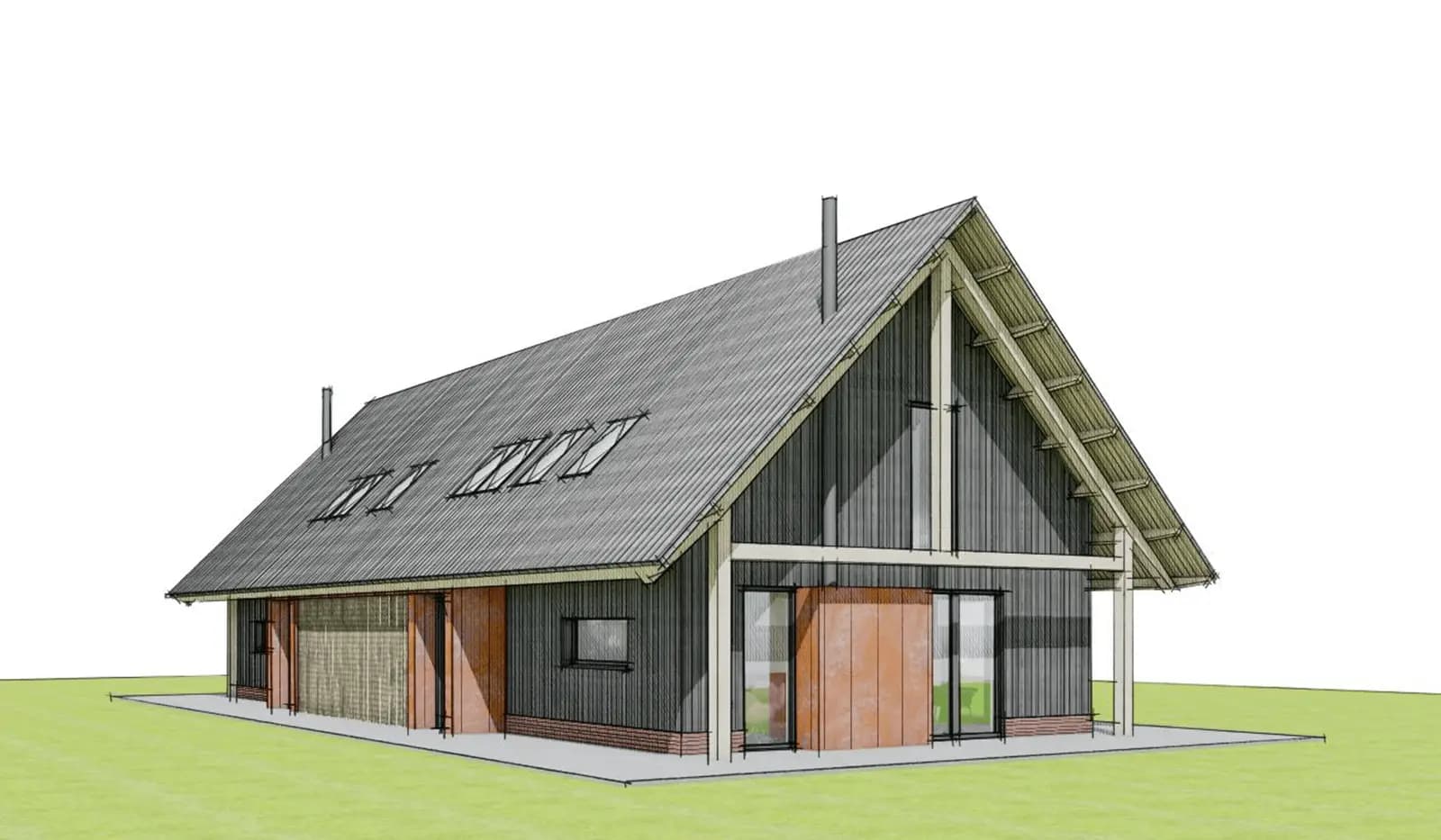 Moderne schuurwoning in Baars met spanten, houten elementen, beschermend overstek en contrasterende accenten in metselwerk en cortenstaal.
