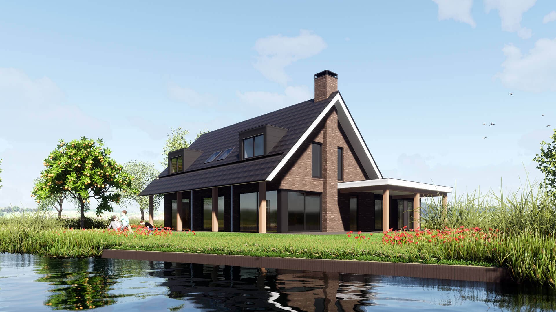 Moderne villa in Broek-Zuid bij Joure in schuurwoningstijl, met baksteen, zwart hout, hoekkozijnen en levensloopbestendige indeling aan het water.