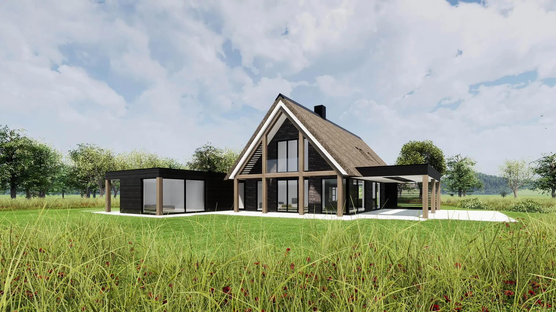 Moderne schuurwoning in Zuidoost-Drenthe met grote overstekende rietgedekte kap op houten spanten, royale glaspartijen en bijgebouw met carport.