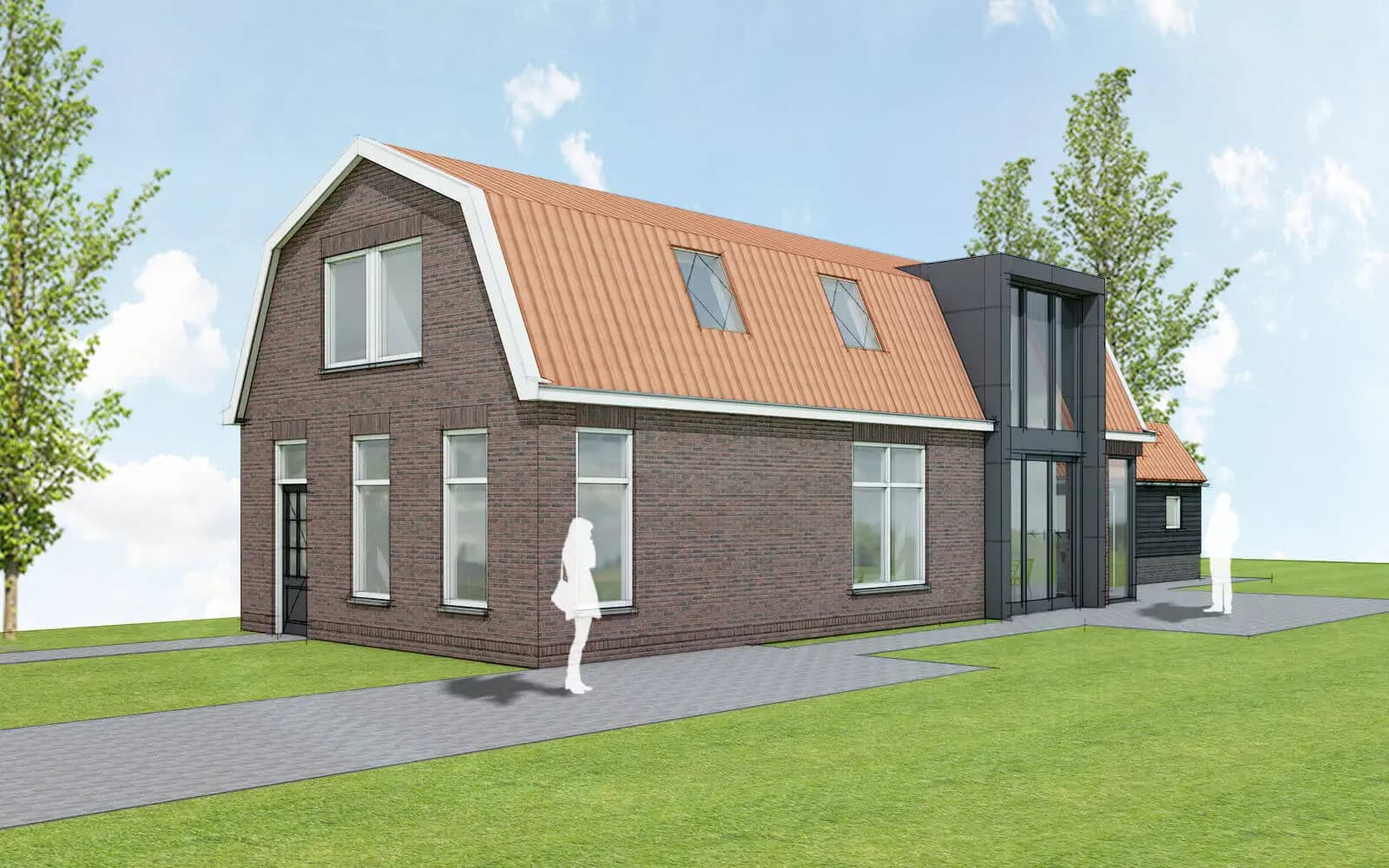 Verlenging van een bestaande woning aan de Heerenveenseweg met aanbouw tussen woning en schuur, verlenging van de mansardekap en moderne accenten.