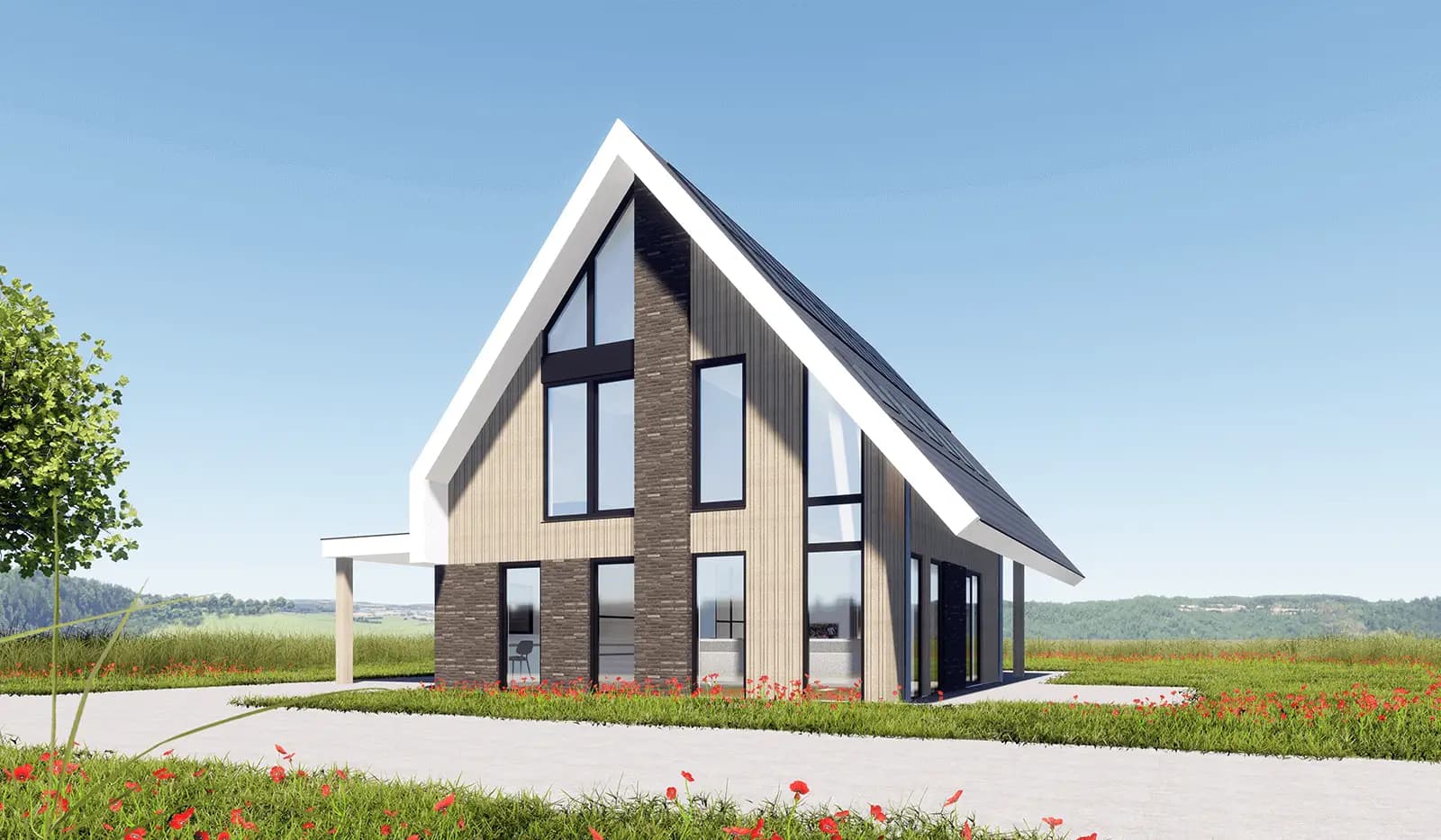Moderne eigentijdse woning in Wolvega met strakke lijnen langs de kap en een doorlopende vide — een combinatie van dakpannen, hout en metselwerk.
