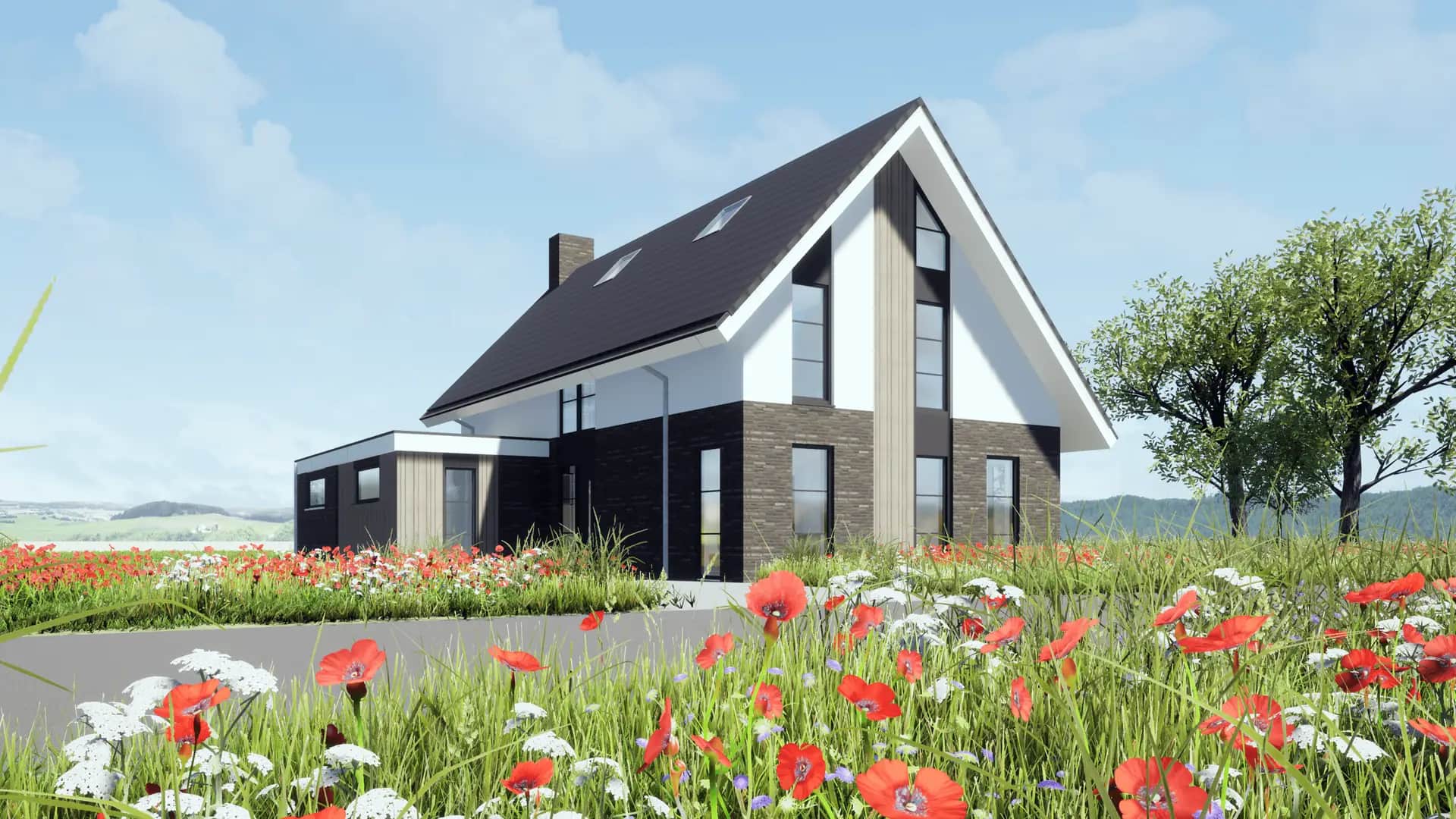 Modern woonhuis in Wolvega met wit-zwart gevel, steile dak en grote ramen, omgeven door rode en witte bloemen