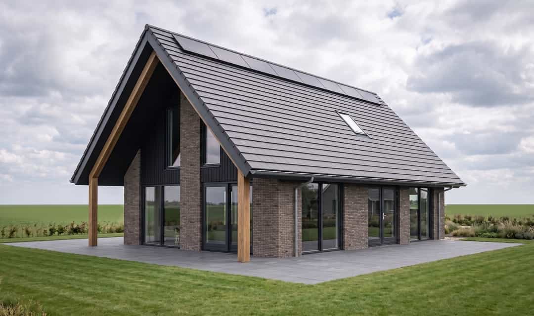 Modern woonhuis aan de Boekebeamstrjitte in Lemmer met overstekende kap, hoge puien en metselwerk penanten met houten gevelbekleding.