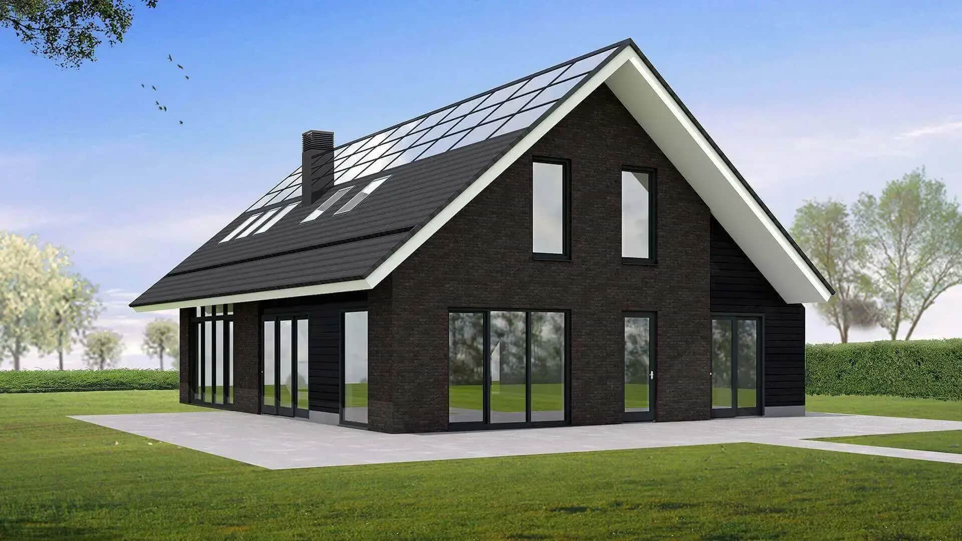 Vrijstaand woonhuis Meppel met zwarte bakstenen gevel, grote raampartijen, schuine daklijnen en witte afwerkingen, gelegen in landelijk gebied