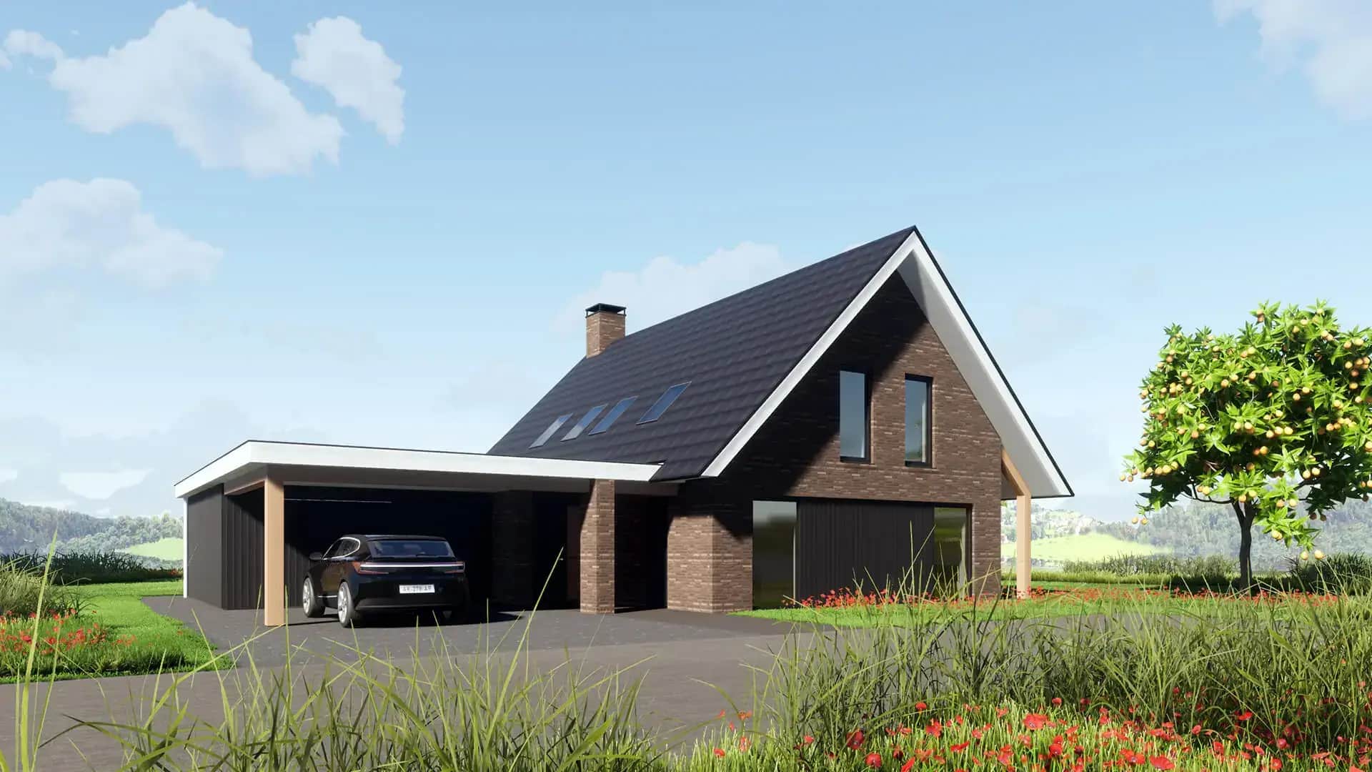 Moderne villa Broek-Zuid met bakstenen gevel, zwart dak met dakramen en aanbouw garage, parking met auto, groene landelijke omgeving