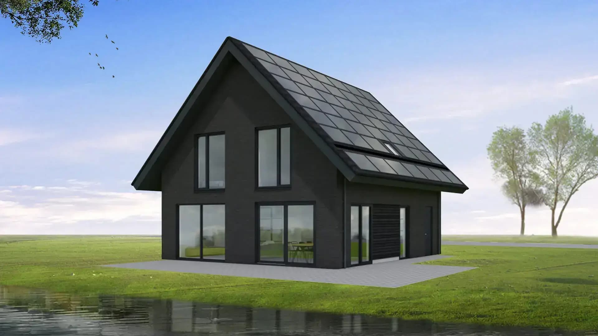 Minimalistisch woonhuis in Wolvega met donkere esthetiek, grote glasoppervlakken, lamellen en houten gevelbekleding in een beperkt kleurenpalet.