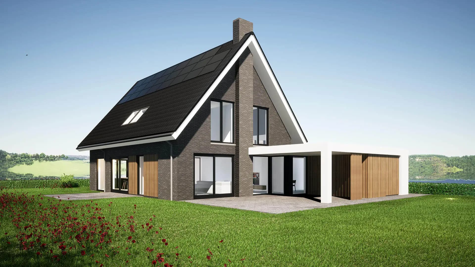 Eigentijds woonhuis met aanbouw aan het Icarusblauwtje Wolvega — verspringende gevel, contrast tussen lichte aanbouw en donkere steen, verticale lamellen.