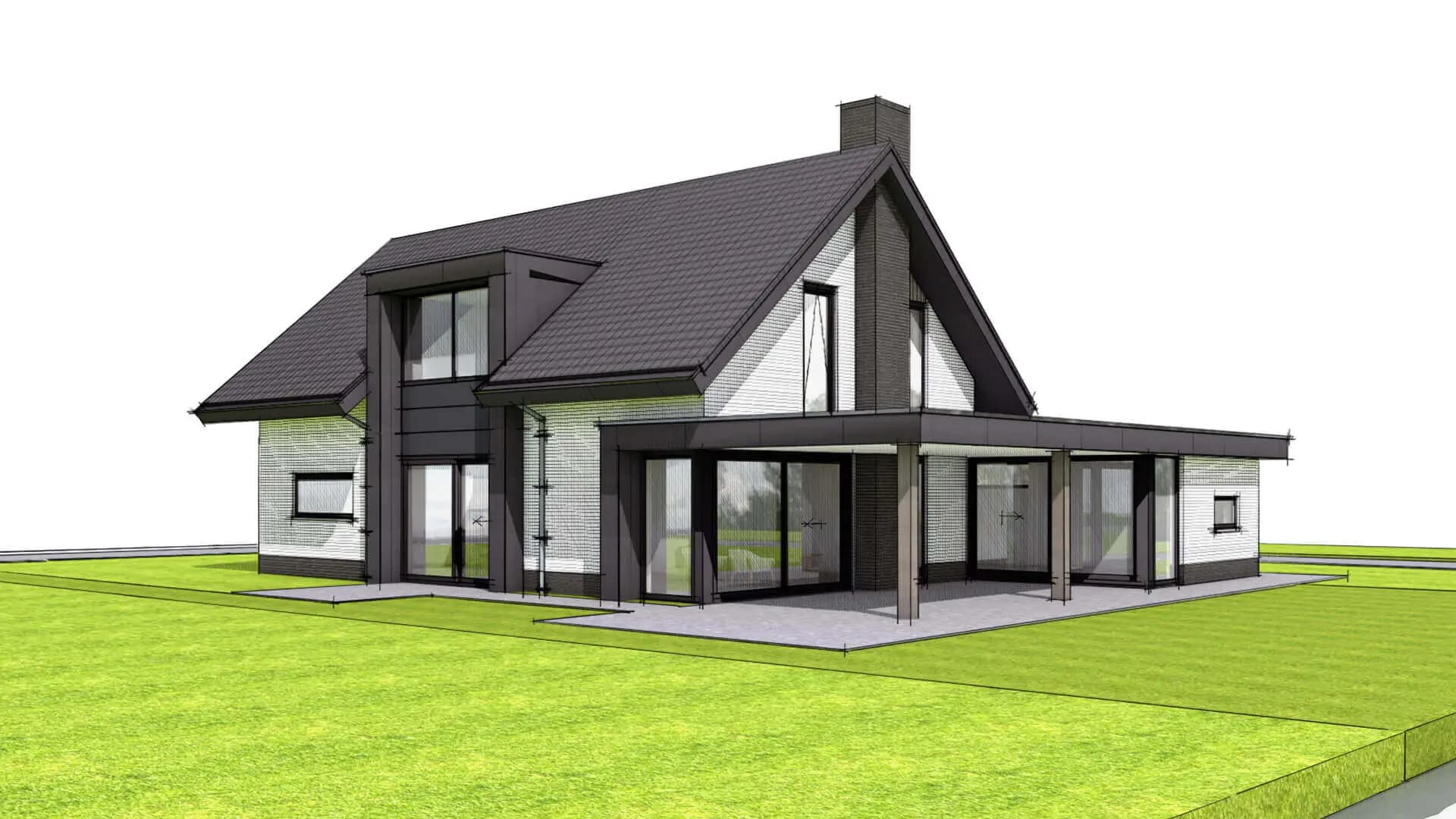 Modern eigentijds woonhuis aan De Ekkers in Delfstrahuizen met overstekende kap, verticale gevelelementen, zwart-wit kleurstelling en uitzicht op het water.