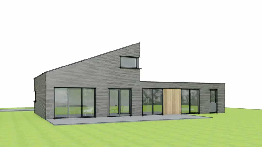 Voorgevel patiowoning Oldemarkt met grijze golfplaten, grote raampartijen en houten accent, modern ontwerp op grasveld