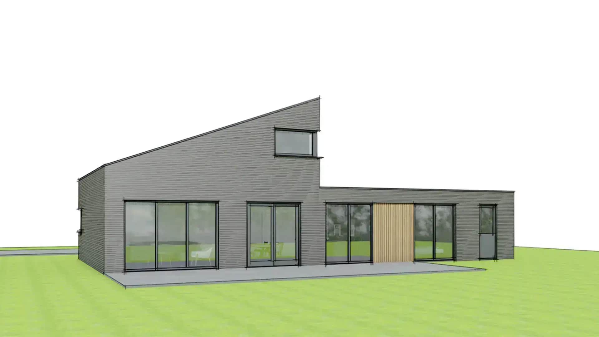 Voorgevel patiowoning Oldemarkt met grijze golfplaten, grote raampartijen en houten accent, modern ontwerp op grasveld