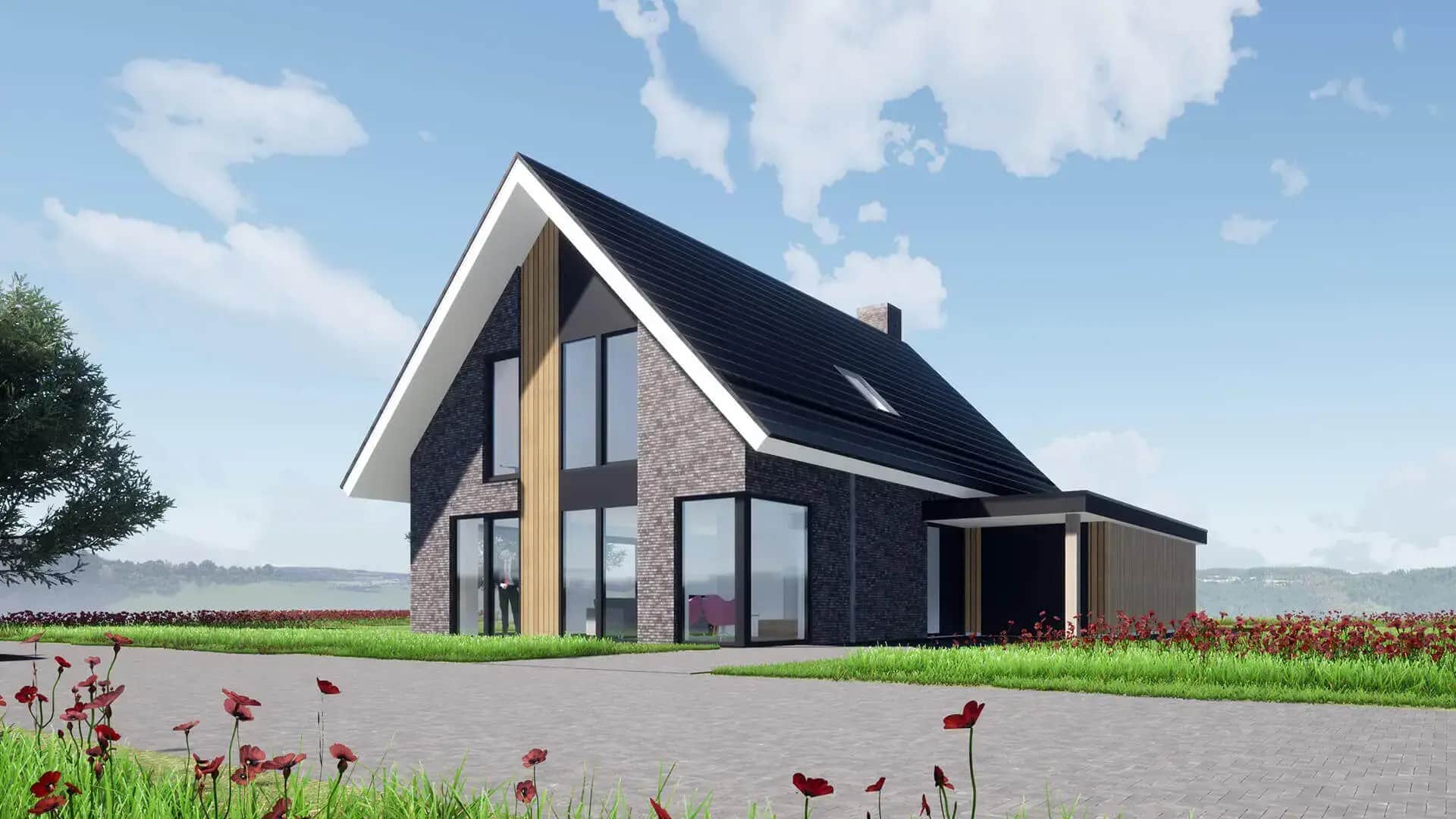 Moderne woning Lindewijk Wolvega met grijze bakstenen gevel, zwart dak, grote ramen en houten accenten in groene landschappelijke omgeving