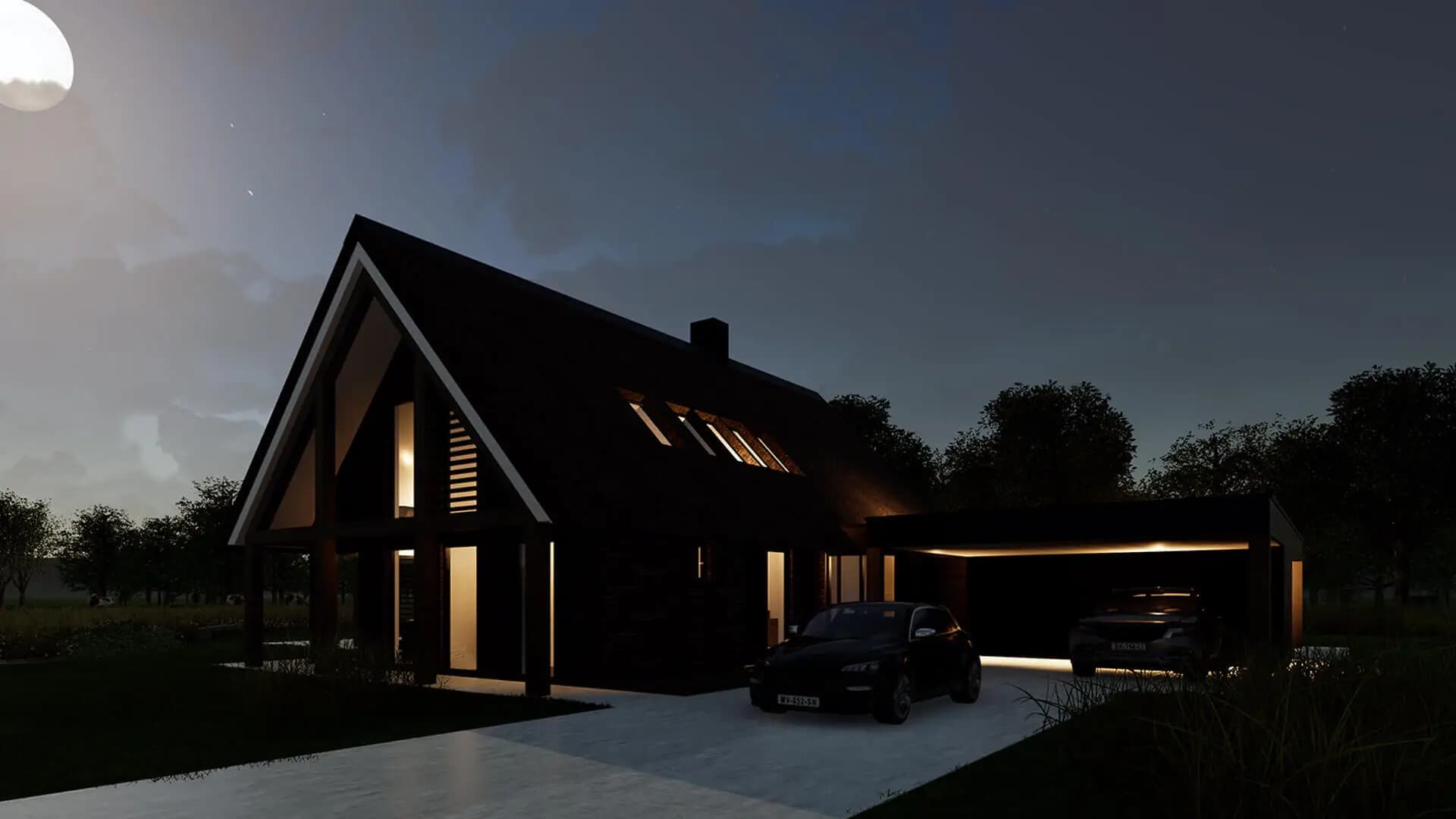 Moderne schuurwoning in Zuidoost-Drenthe met grote overstekende rietgedekte kap op houten spanten, royale glaspartijen en bijgebouw met carport.
