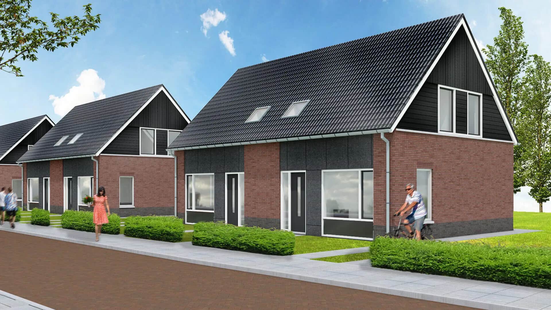 Nieuwbouwproject Eikenlaan Wolvega: drie moderne woningen met bakstenen gevels, donkere daken en grote raampartijen, omgeven door groene hagen