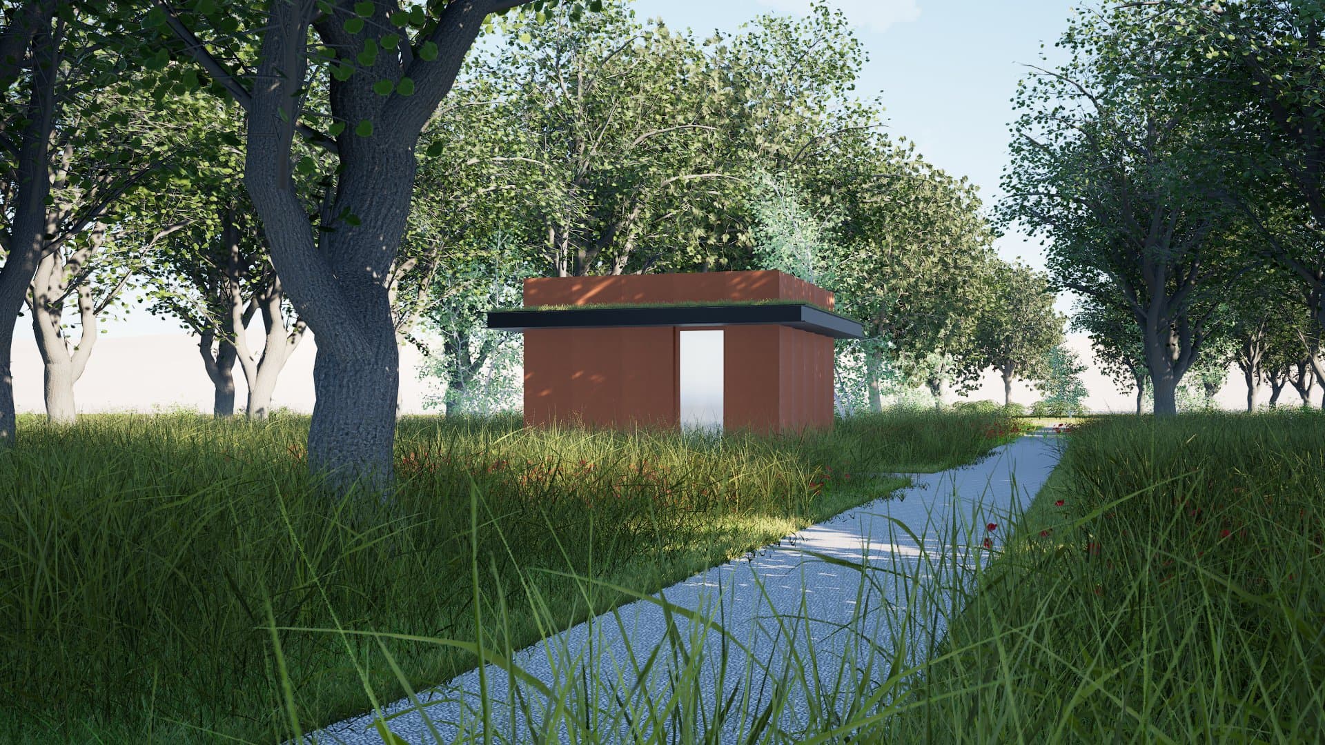 Sanitairgebouw bij Driewegsluis voor gemeente Weststellingwerf: een kubiek volume met gesloten gevels van cortenstaal, ingepast tussen bomen en ruig gras.