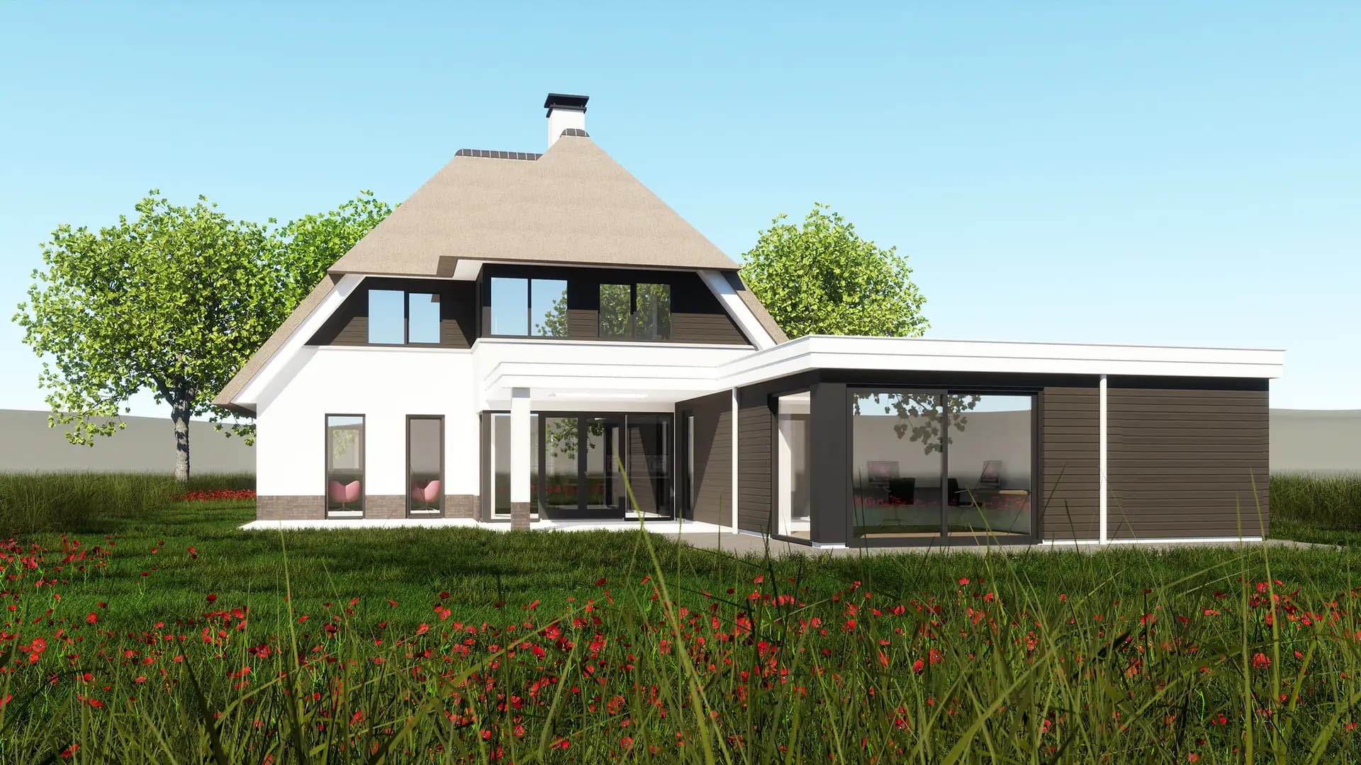 Rietgedekte villa in Meppel met wit keimwerk, zwarte kozijnen, hoekkozijnen en zichtlijnen die binnen en buiten verbinden — een mix van klassiek en modern.