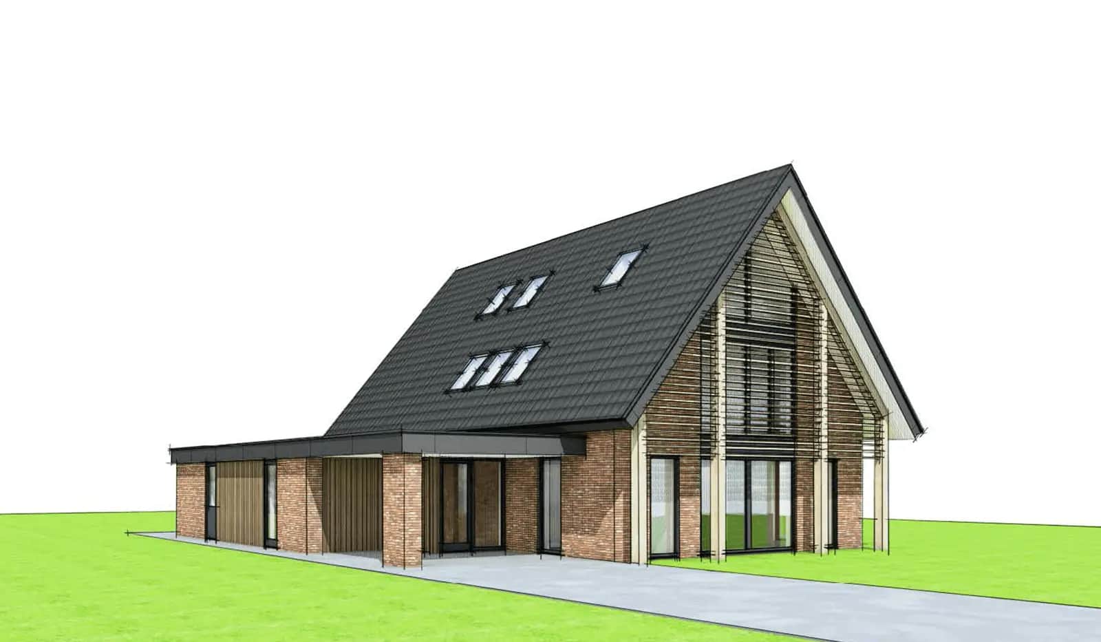 Schuurwoning Lindewijk in Wolvega: voorgevel met bakstenen muren, dakvensters, grote glazen puien en modern zadeldak