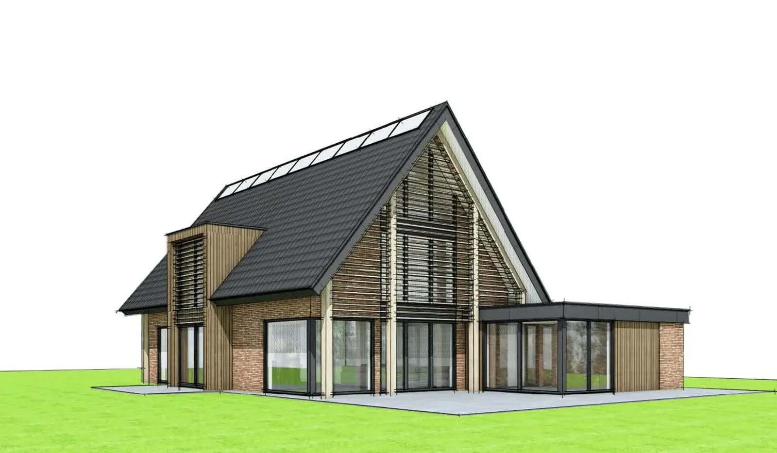 Minimalistische schuurwoning aan het Icarusblauwtje (Lindewijk, Wolvega) met metselwerk, risaliet, houten spanten met lamellen en een aanbouw.