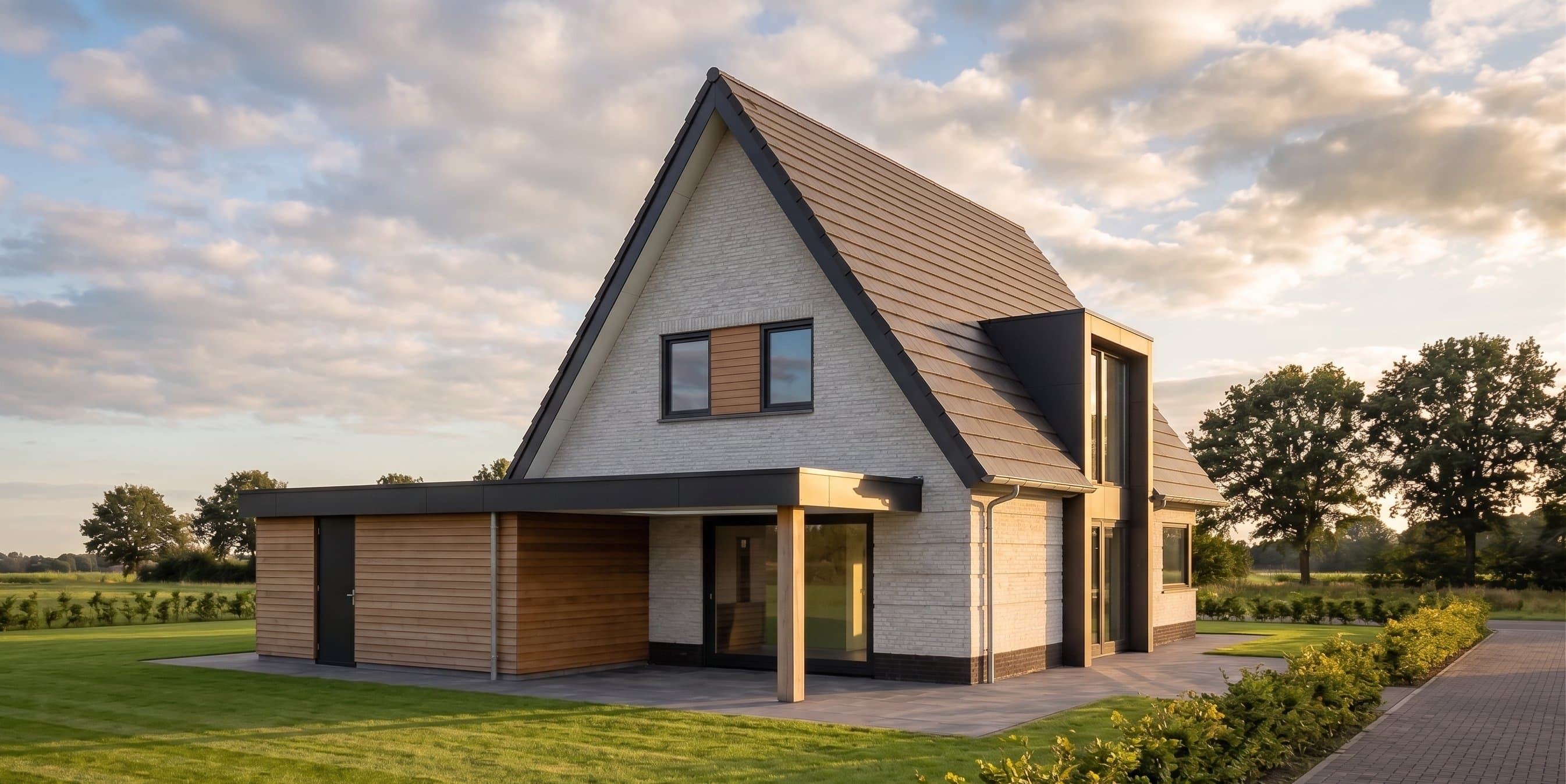 Wit gekeimde woning aan de Boekebeamstrjitte in Lemmer met doorlopende risaliet in de zijgevel, horizontale kozijnen en verdiepte metselwerk accenten.