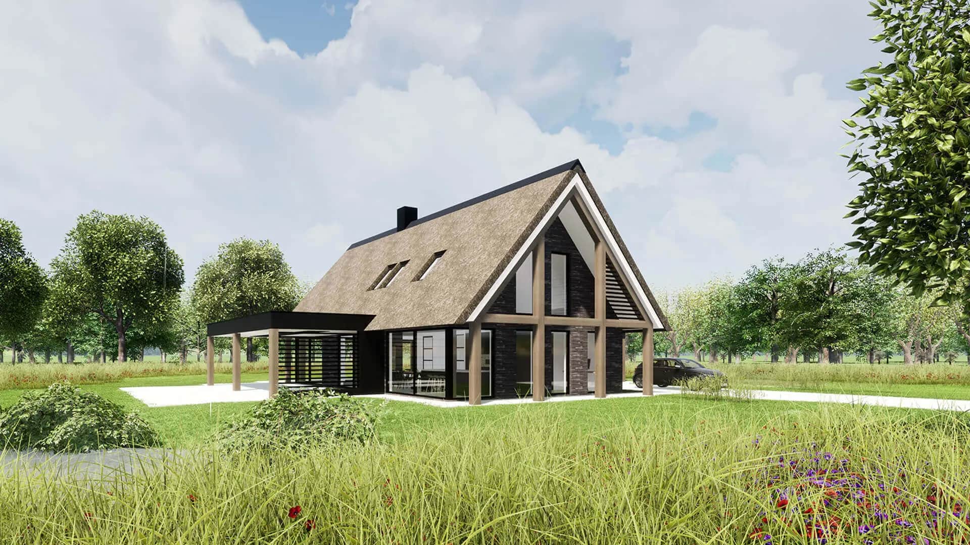 Moderne schuurwoning met rieten dak in Drenthe, zwarte gevel met houten accenten en grote ramen, omgeven door groen landschap