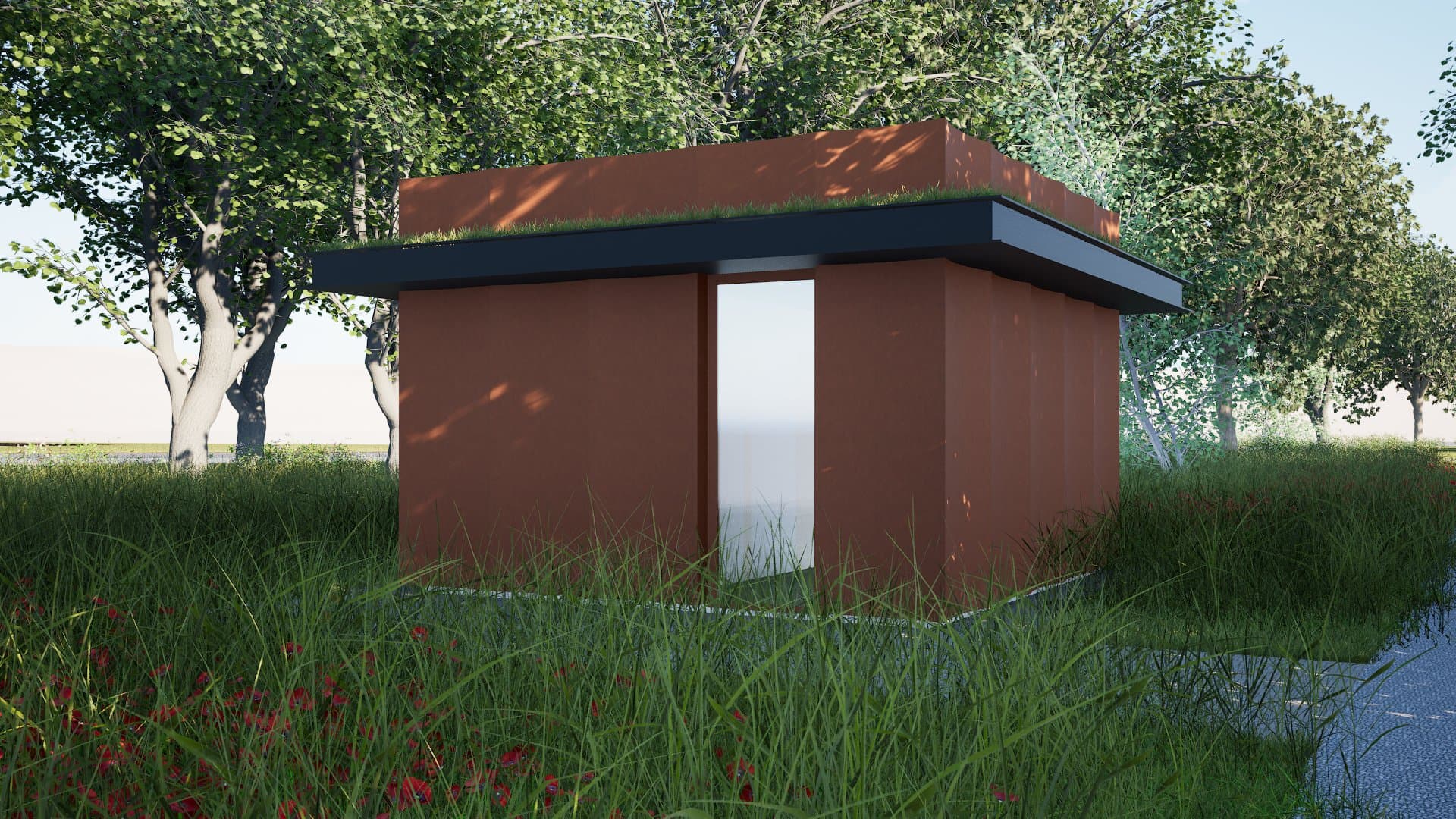 Sanitairgebouw bij Driewegsluis voor gemeente Weststellingwerf: een kubiek volume met gesloten gevels van cortenstaal, ingepast tussen bomen en ruig gras.