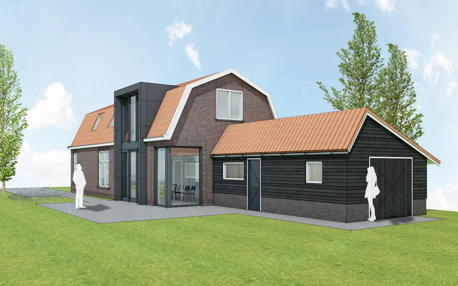 Verlenging van een bestaande woning aan de Heerenveenseweg met aanbouw tussen woning en schuur, verlenging van de mansardekap en moderne accenten.