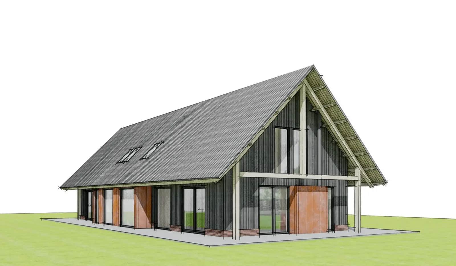 Voorgevel van moderne schuurwoning Baars met zwarte golfplaten, grote raampartijen, houten accenten en asymmetrisch dak, gezien in perspectief