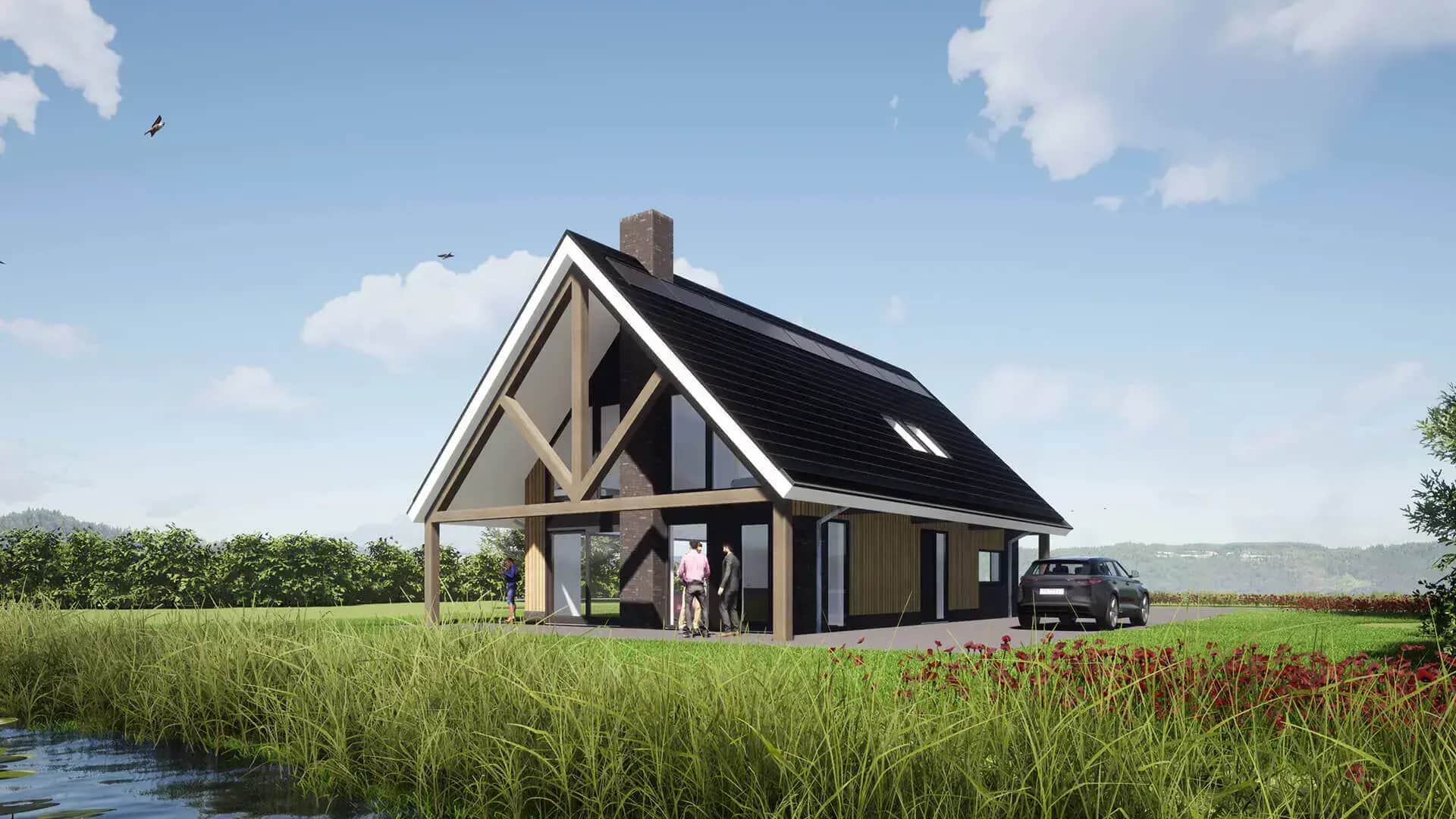 Moderne schuurwoning met houten spant in Wolvega, zijgevel met grote ramen, zwart dak, natuurstenen sokkel, gelegen in groen landschap met water