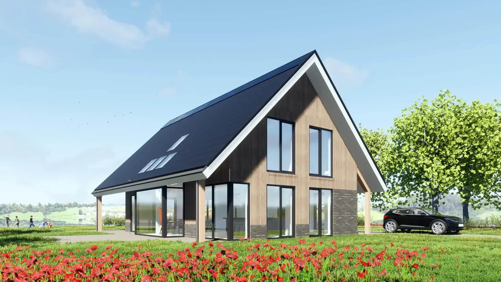 Moderne schuurwoning in Wolvega met houten en stenen gevel, groot raam, zwart dak, voor een veld met rode bloemen