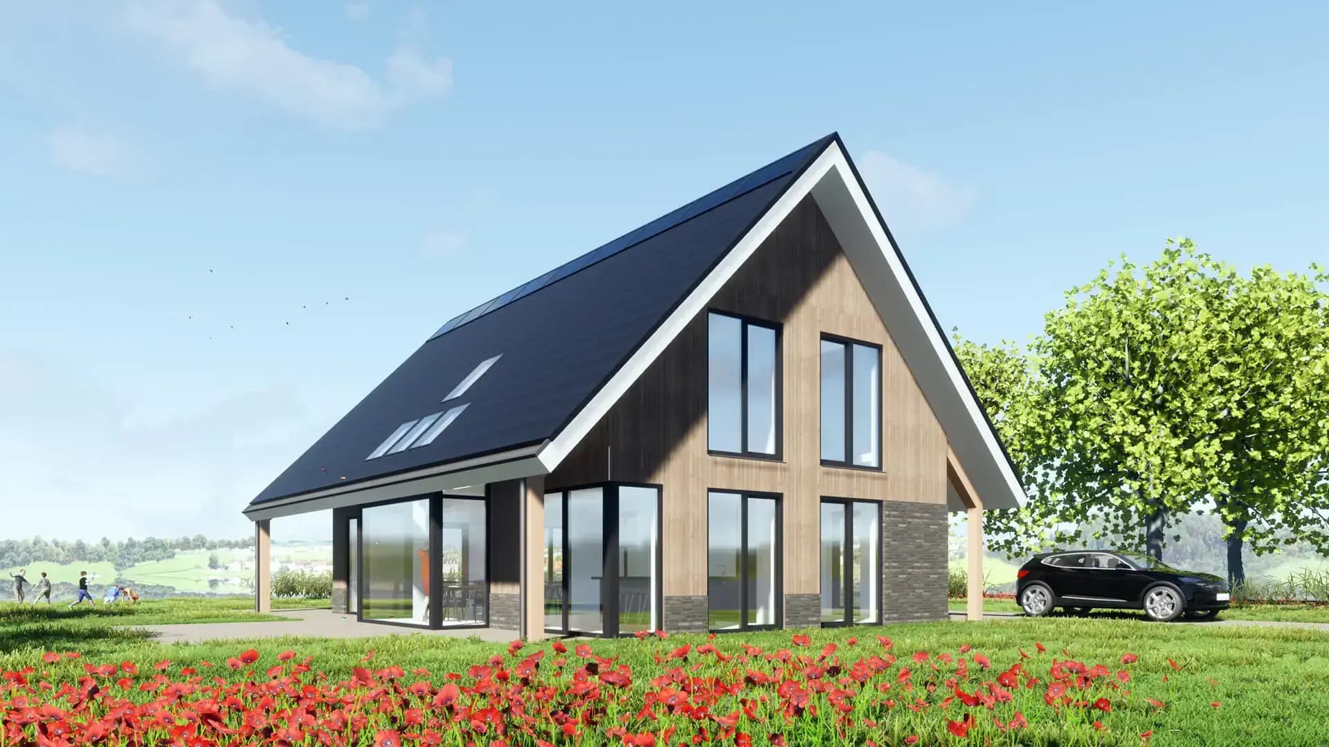 Schuurwoning in de Lindewijk Wolvega met rondom houten spantwerk, een balkon aan de achterzijde en een serre onder het dak.