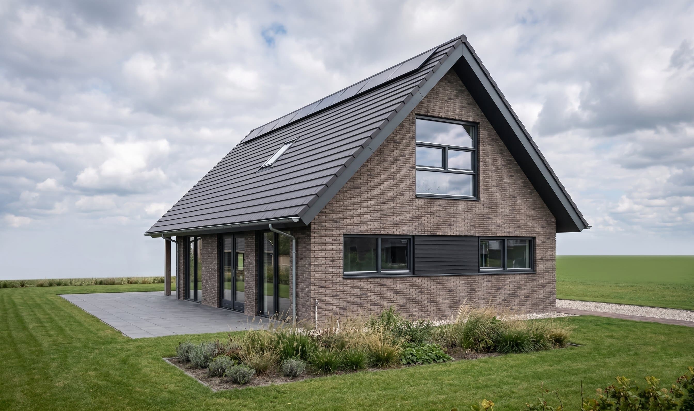 Modern woonhuis aan de Boekebeamstrjitte in Lemmer met overstekende kap, hoge puien en metselwerk penanten met houten gevelbekleding.