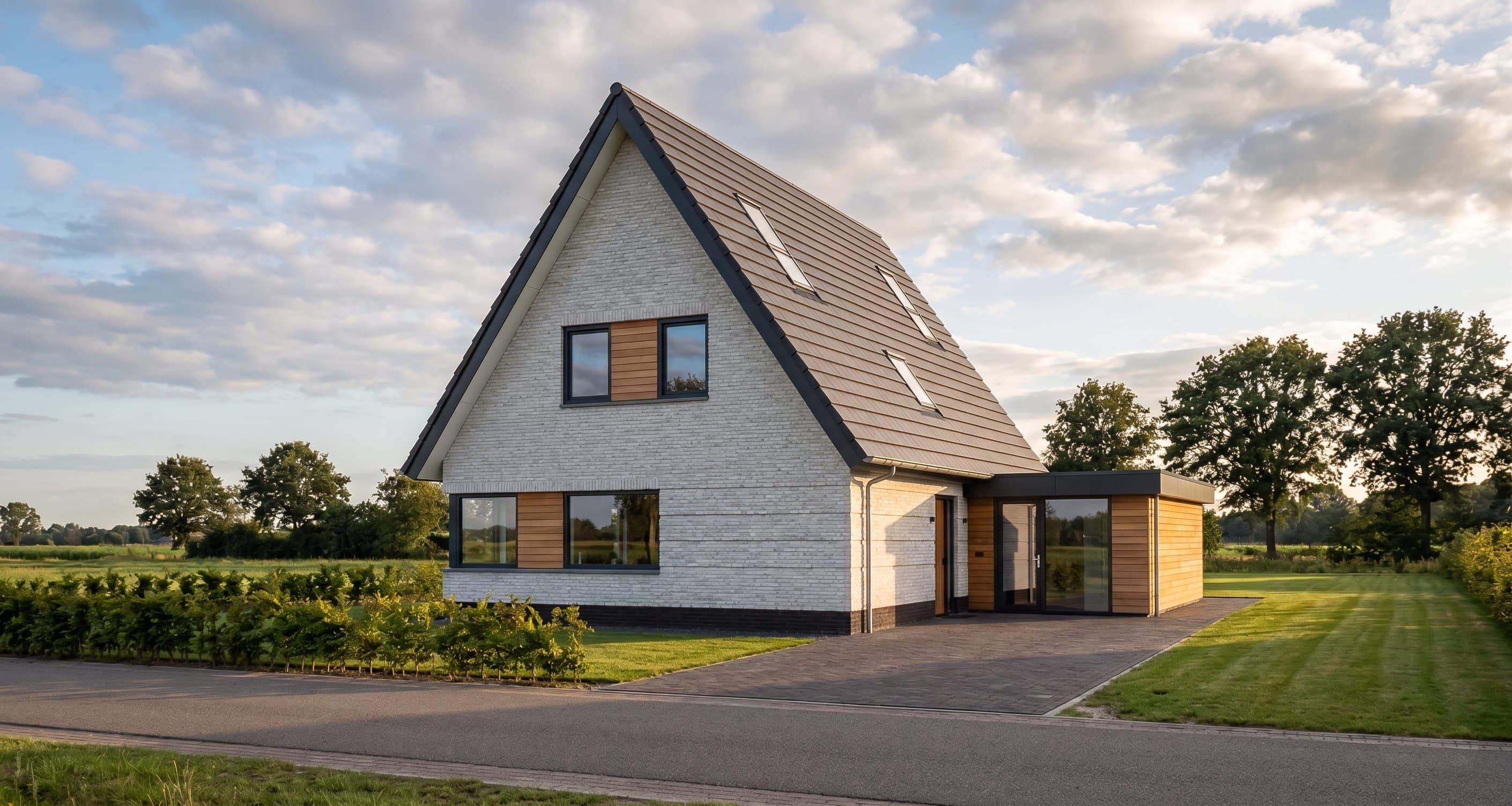 Wit gekeimde woning aan de Boekebeamstrjitte in Lemmer met doorlopende risaliet in de zijgevel, horizontale kozijnen en verdiepte metselwerk accenten.