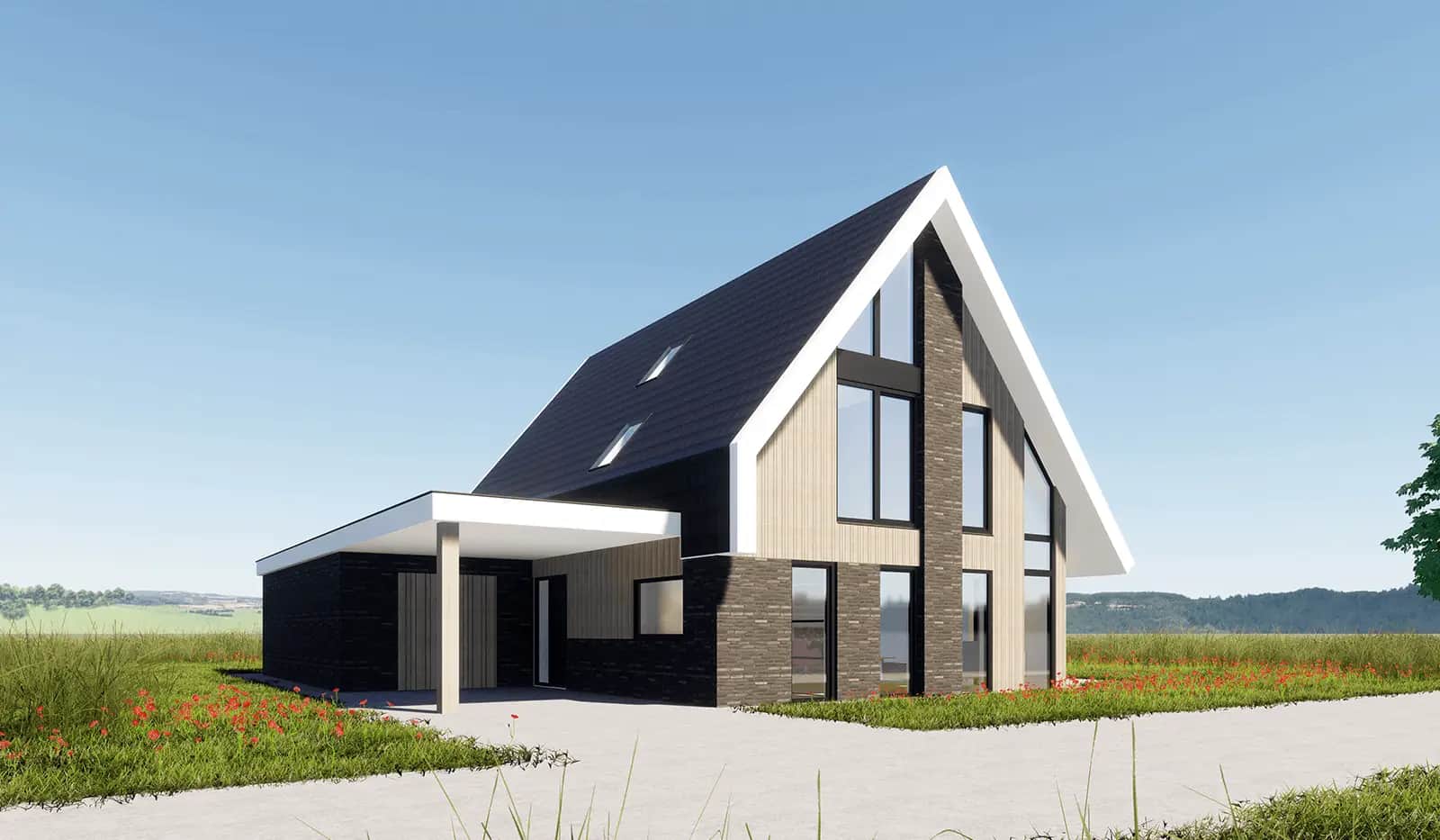Modern woonhuis in Wolvega met karakteristieke spitse dak, witte gevel, baksteenaccenten en grote raampartijen in landelijk setting