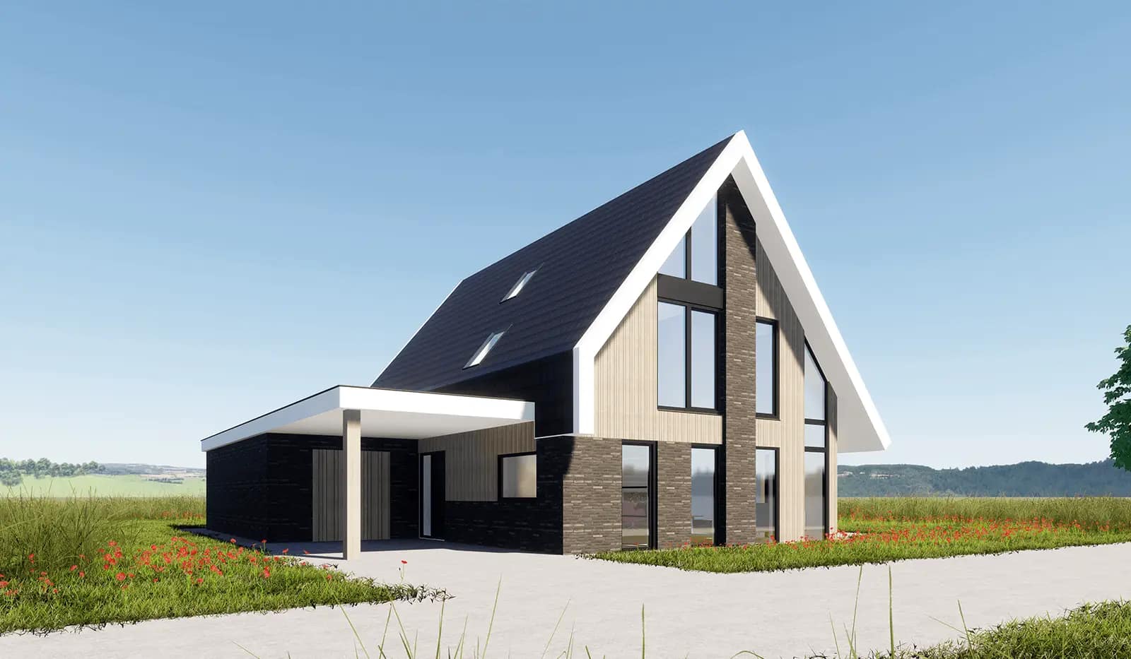 Moderne eigentijdse woning in Wolvega met strakke lijnen langs de kap en een doorlopende vide — een combinatie van dakpannen, hout en metselwerk.
