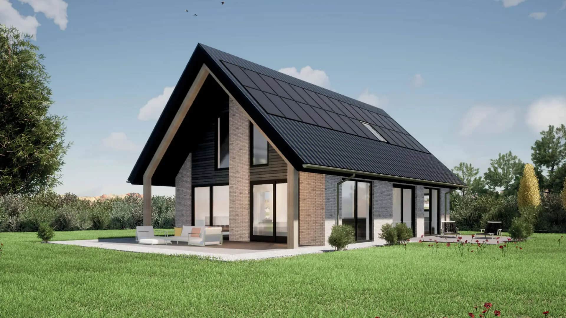 Modern woonhuis in Lemmer met steilschuin dak, baksteengevel, grote raampartijen en zwarte details, omgeven door groen landschap