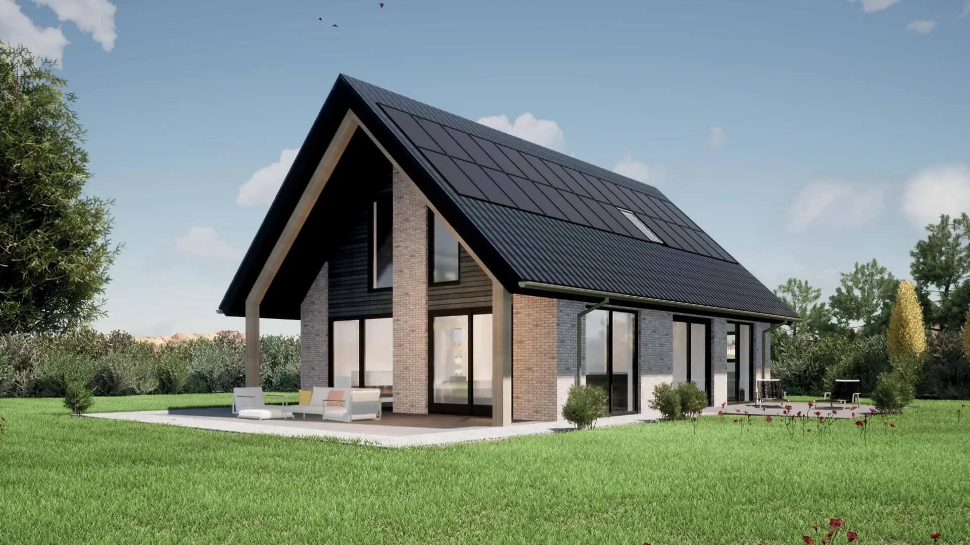 Modern woonhuis aan de Boekebeamstrjitte in Lemmer met overstekende kap, hoge puien en metselwerk penanten met houten gevelbekleding.