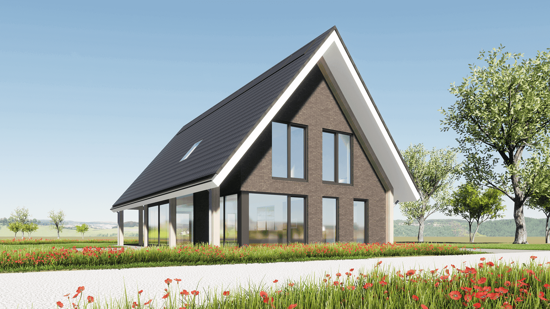 Moderne schuurwoning in Wolvega met steil dak, bakstenen gevel, grote raampartijen en witte kozijnen in bloemenweide