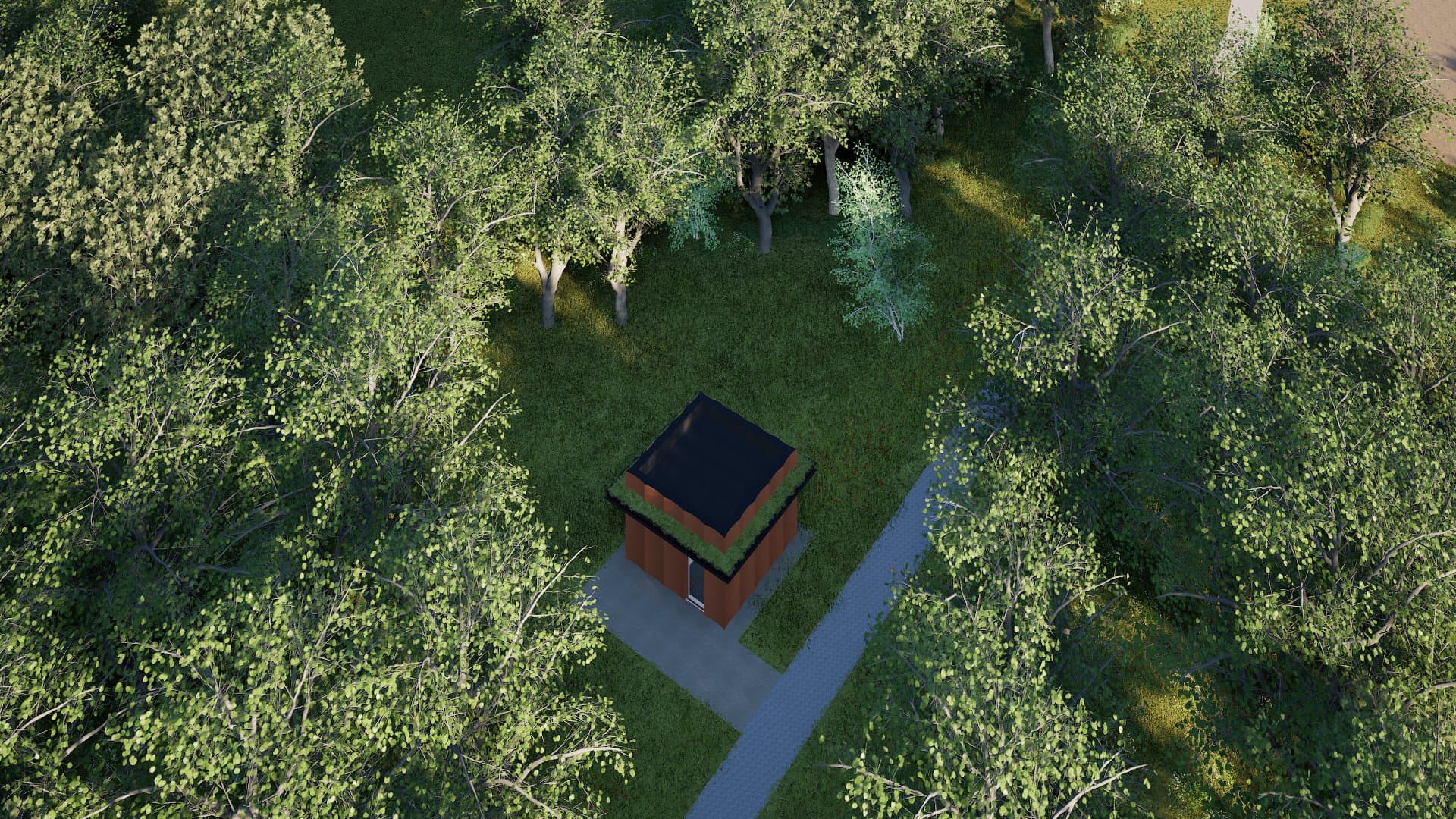 Sanitairgebouw bij Driewegsluis voor gemeente Weststellingwerf: een kubiek volume met gesloten gevels van cortenstaal, ingepast tussen bomen en ruig gras.