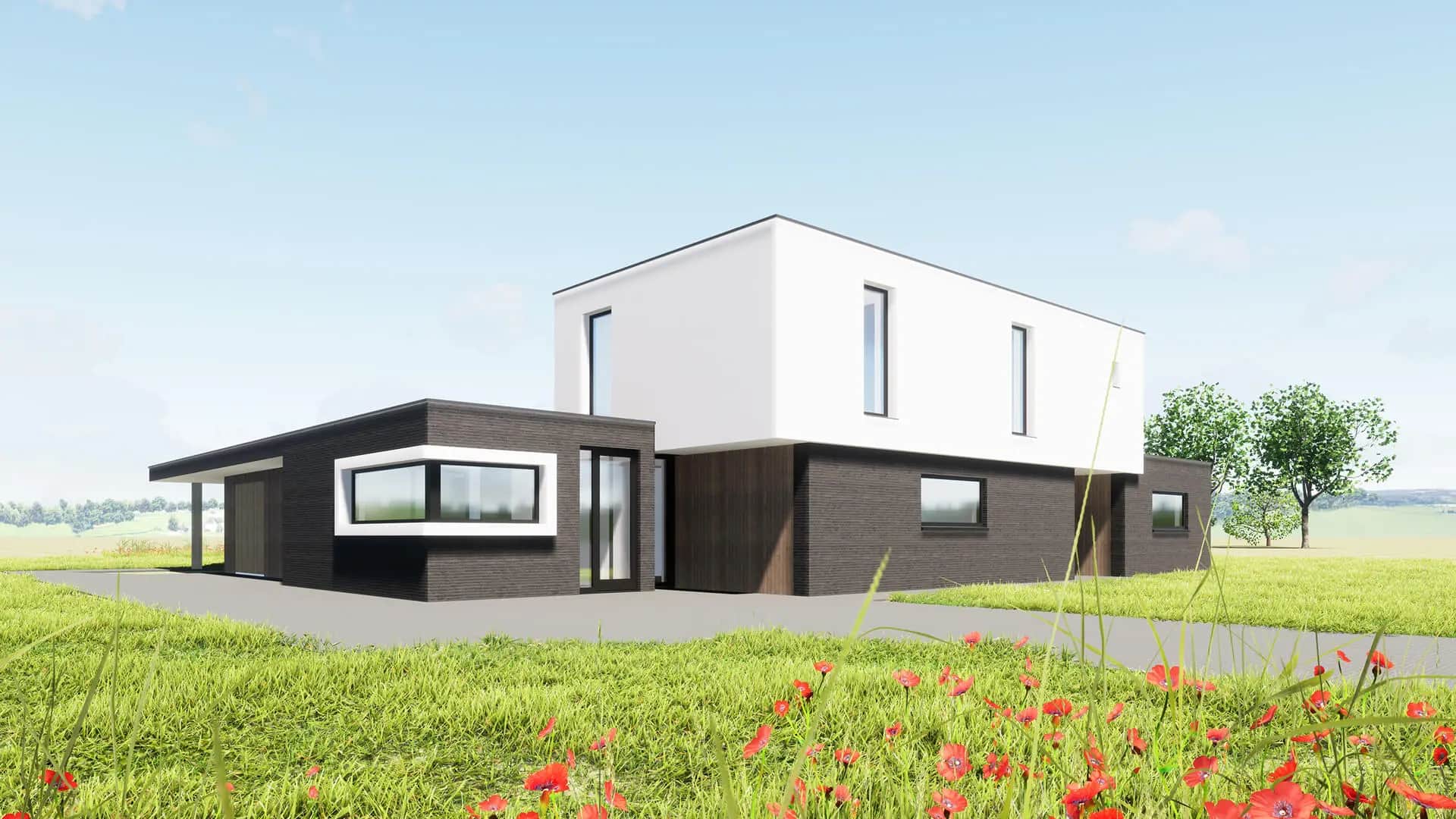 Moderne kubuswoning in Steenwijk met wit bovenvolume en donkerbruine baksteengevel, grote ramen, minimalistische architectuur in groen landschap