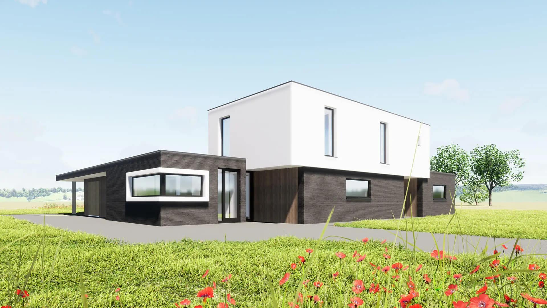 Moderne kubuswoning in Steenwijk met wit stucwerk, donkere metselwerk plint, houten accenten en royale overstekken voor leefbare buitenruimtes.