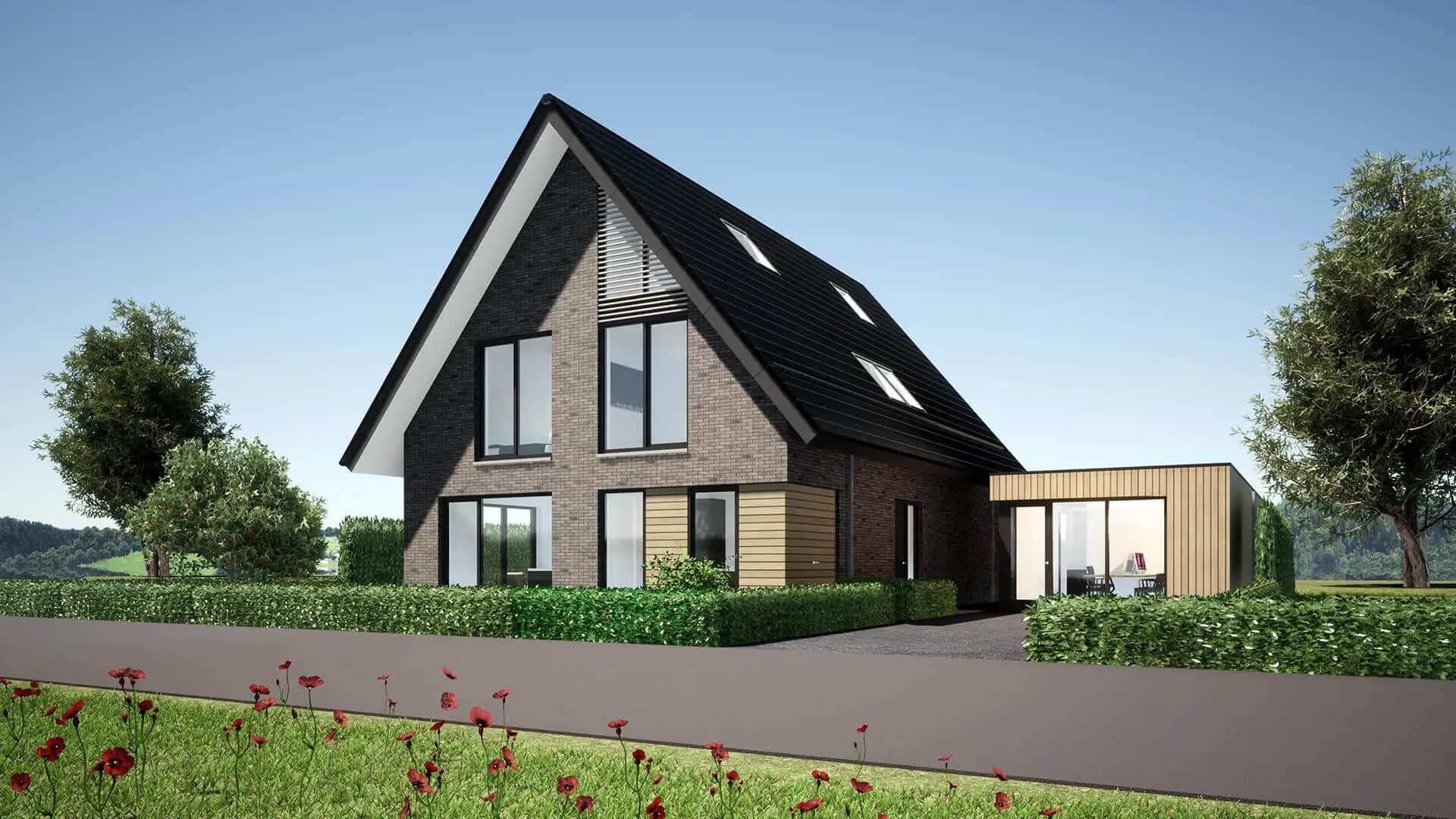 Moderne woonhuis met kantoor in Wolvega, gevelaanzicht met puntkap, baksteenwerk, houten accenten en grote ramen in landelijke omgeving