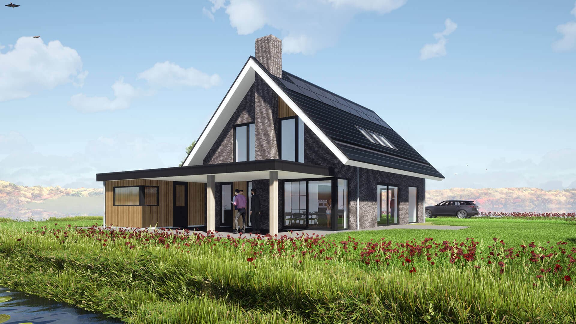 Moderne woning aan het Icarusblauwtje Wolvega met minimalistische uitstraling, verticaal element van houten gevel en schoorsteen, plus carport en overkapping.