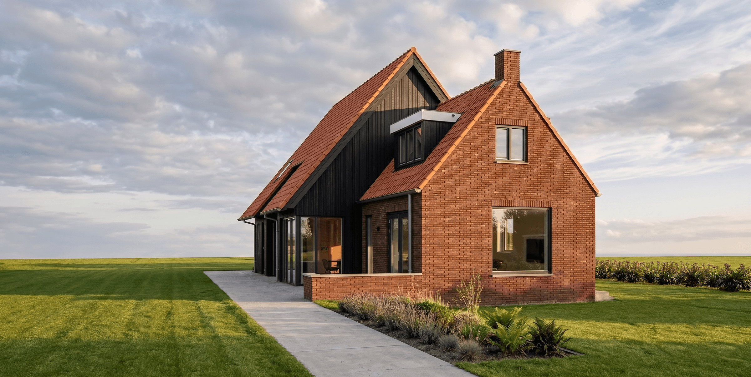 Verbouw en verlenging van een traditioneel woonhuis in Munnekeburen, met rood metselwerk, houten gevelbekleding en grote glaspartijen.